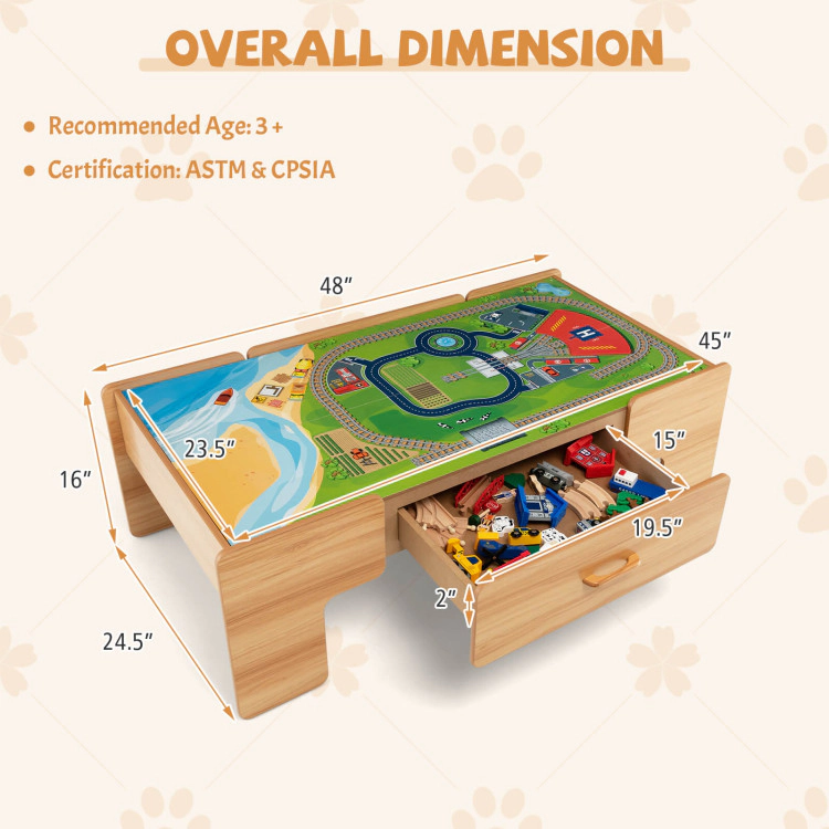 SUGIFT 100-Piece Double-Sided Wooden Train Set Activity Table with Storage Drawer for Kids Age 3+ Natural