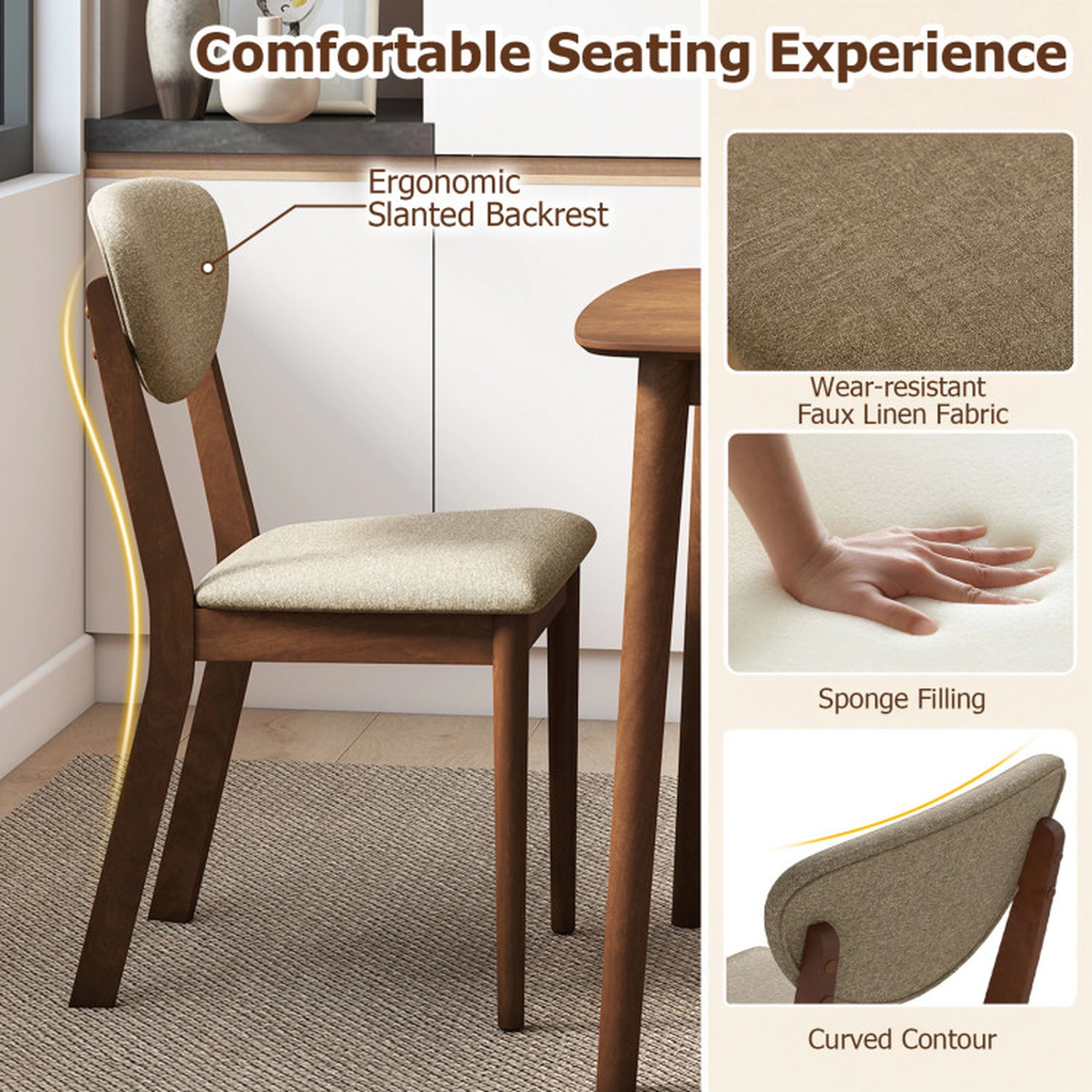 SUGIFT Set of 4 330-lb Capacity Brown Angled Padded Back Linen Dining Chairs with Solid Rubber Wood Legs