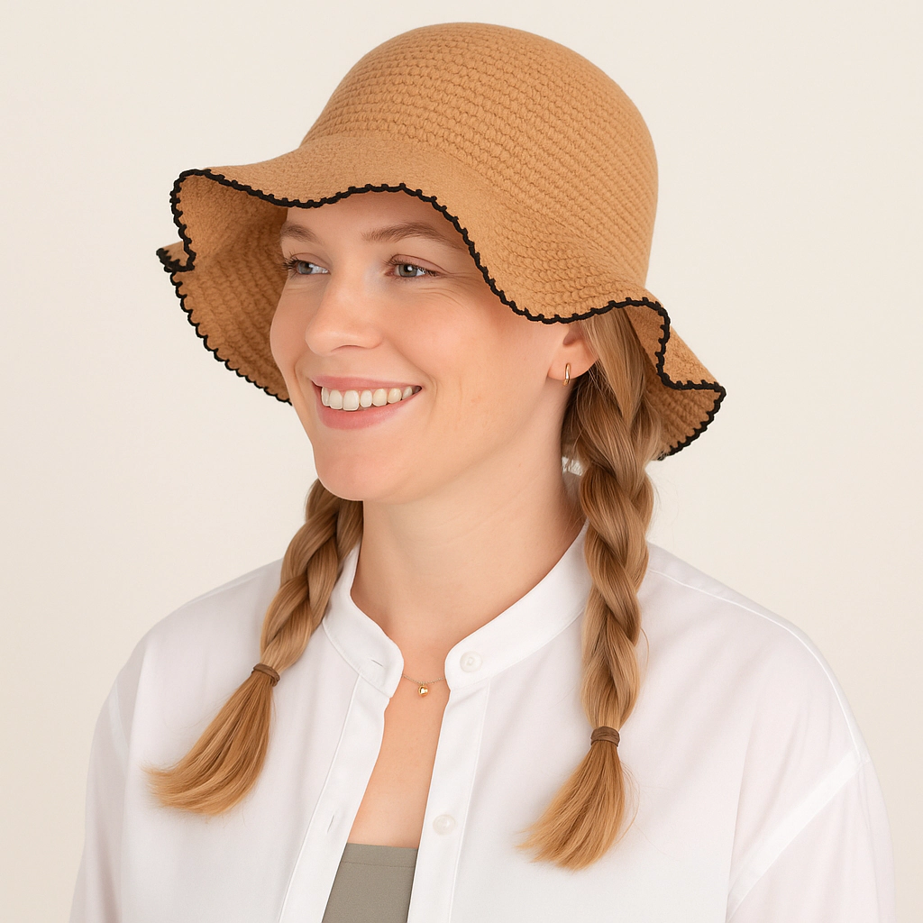 Anna-Kaci Women's Crochet Bucket Hat with Scalloped Edge Detail and Soft Lightweight Construction