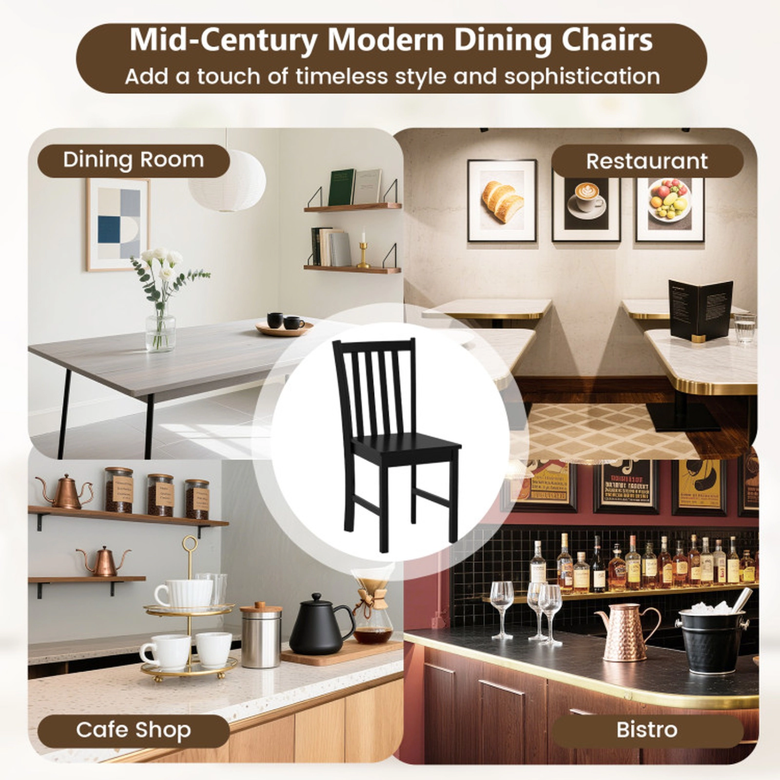 SUGIFT Set of 2 Black Rustic Kitchen Dining Chairs with Slat Tilt Backrest 16-in W 35-in H 330-lb Per Chair