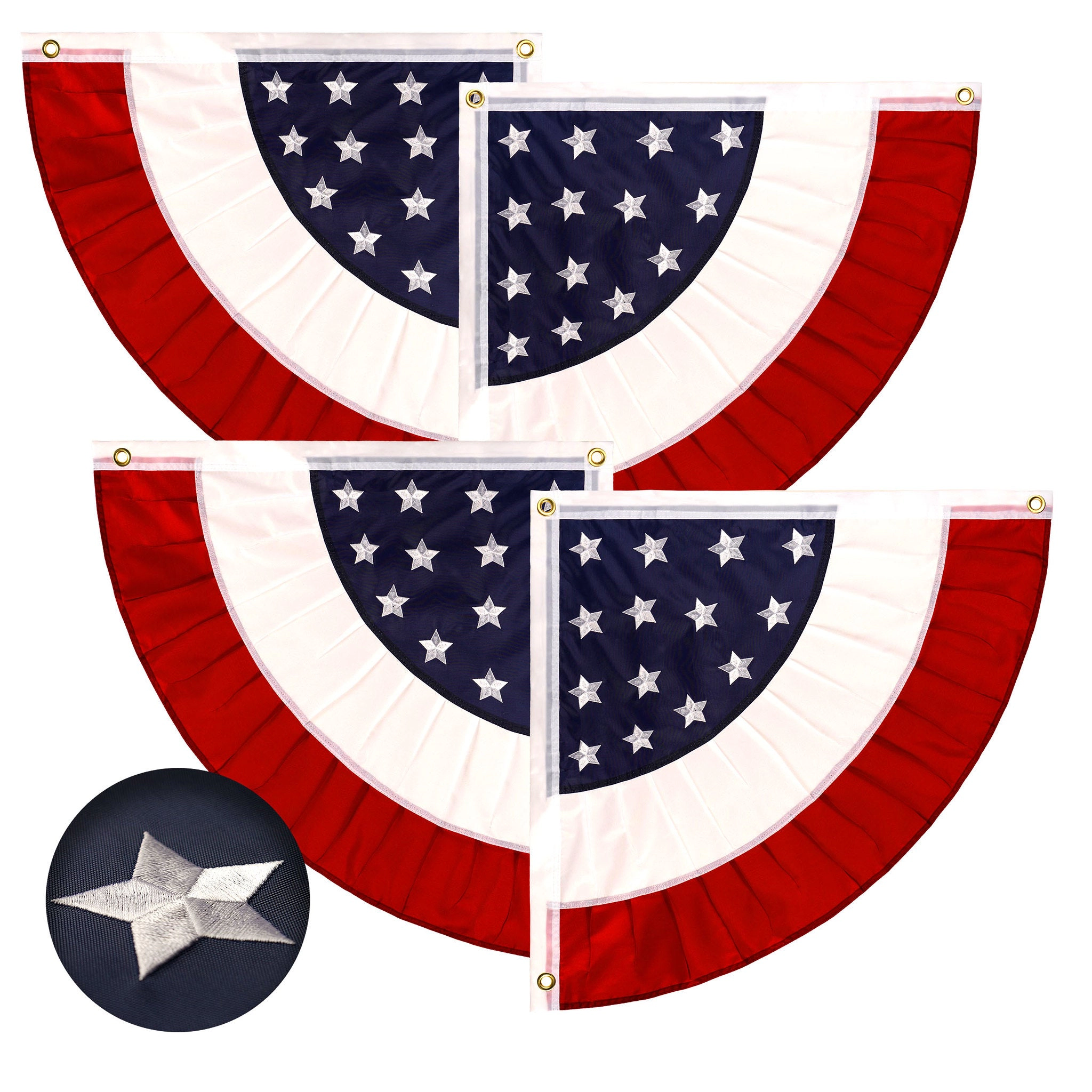 G128 2-Pack USA Pleated Fan Flags 3x3 Feet - Quarter Circle Embroidered Polyester