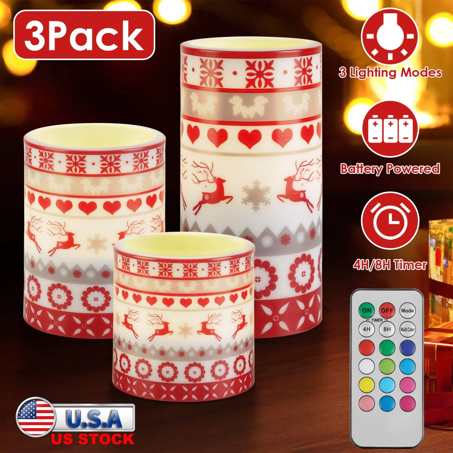 GBruno 3-Pc LED Deer Candles With Remote & Timer