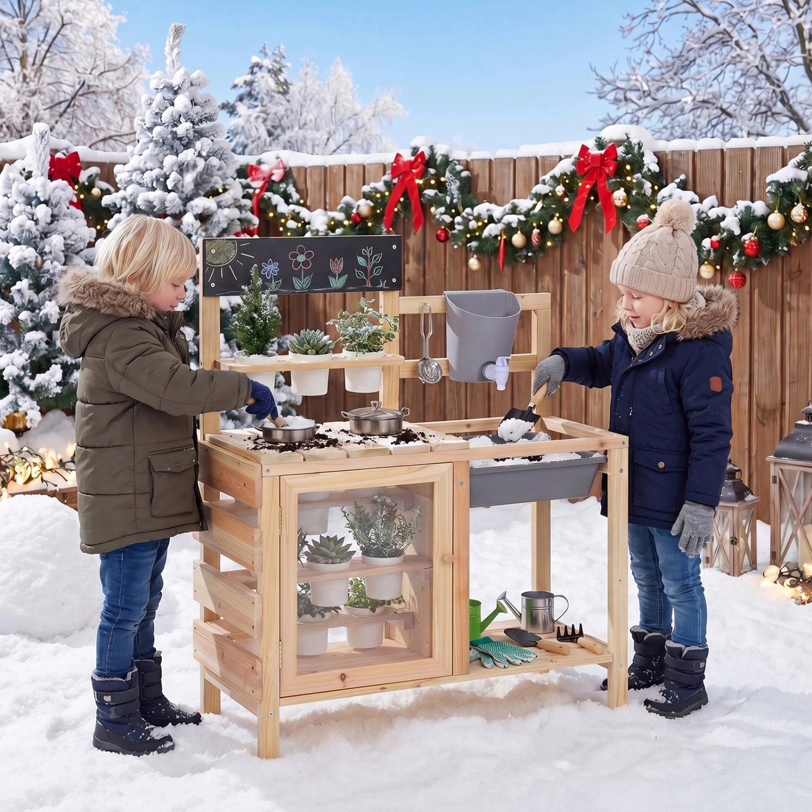 Mud Kitchen for Kids Plants Observation Room 12 Plant Cups Real Faucet 27-in Fir Wood Outdoor Play Sink Ages 3+ Natural