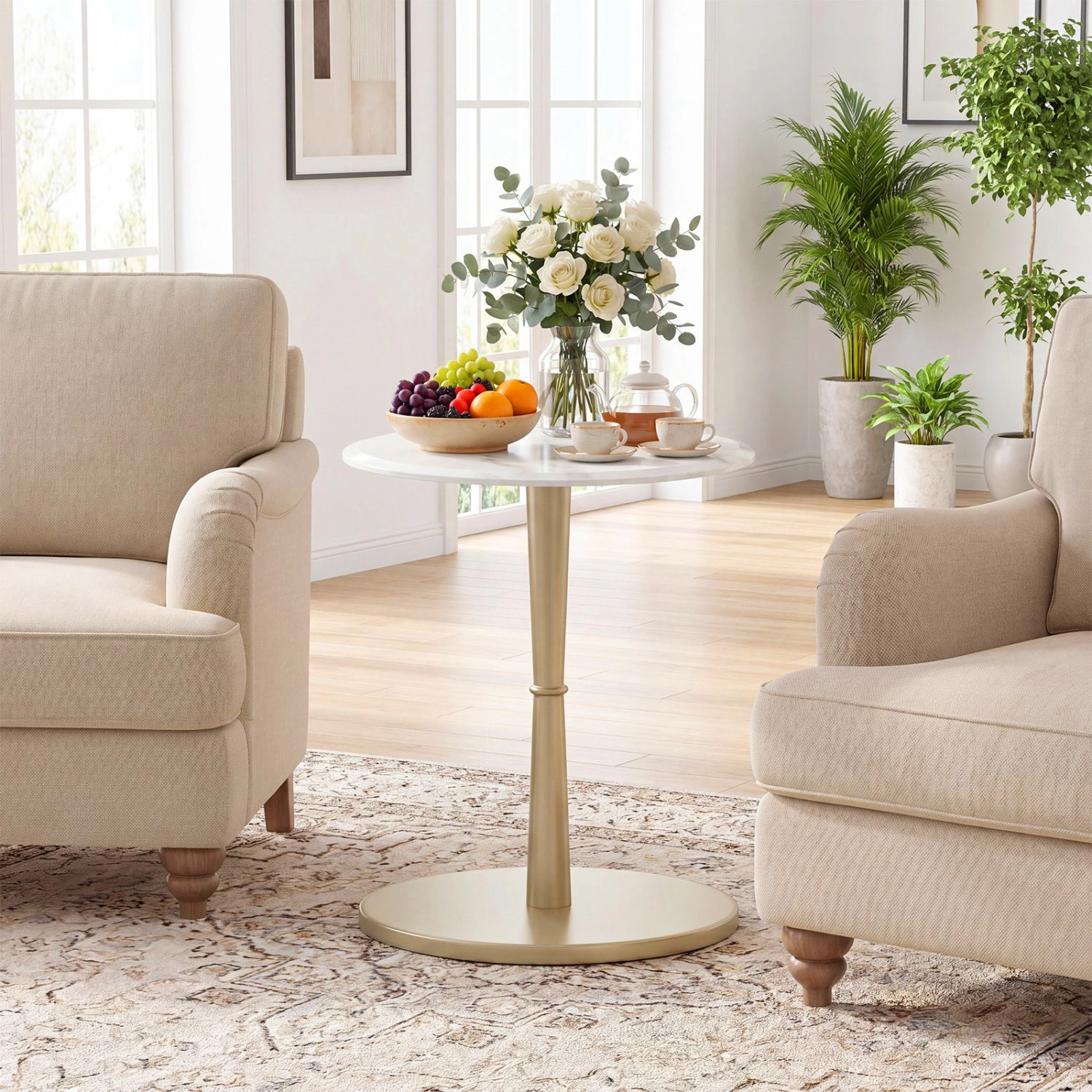 SlickBlue White Marble Side Table with Gold Base and Wood Support