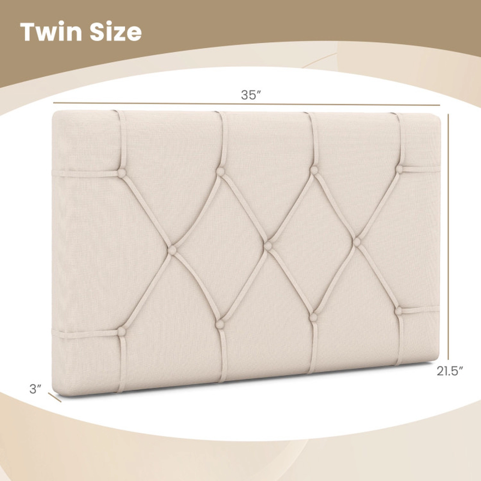 SUGIFT Beige Diamond Stitched Fabric and MDF Frame Upholstered Twin Headboard