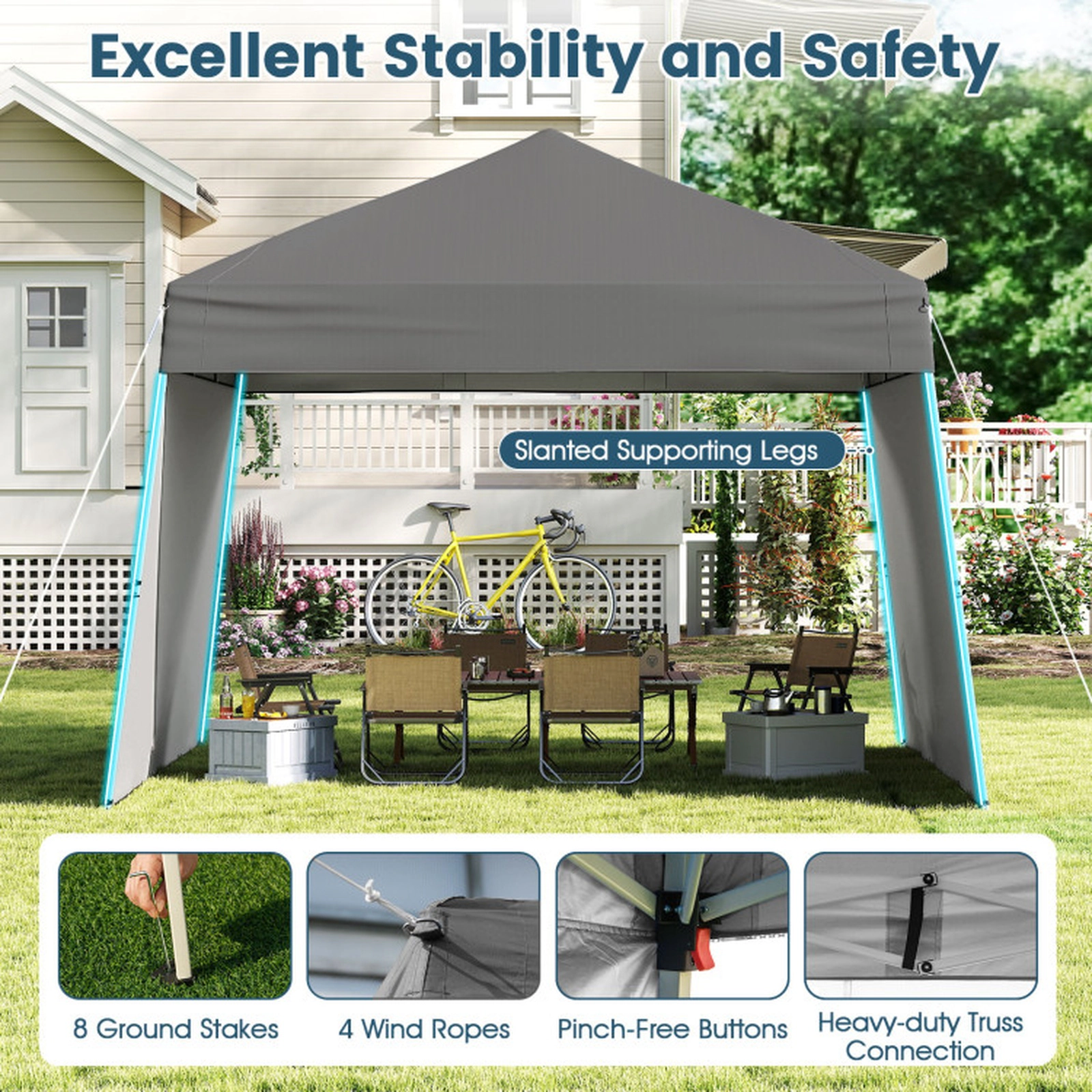 SUGIFT Gray Adjustable Pop Up Canopy Tent with 2 Convertible Sidewalls and Awning Poles 14-ft W 9.2-ft D 8.7-ft H