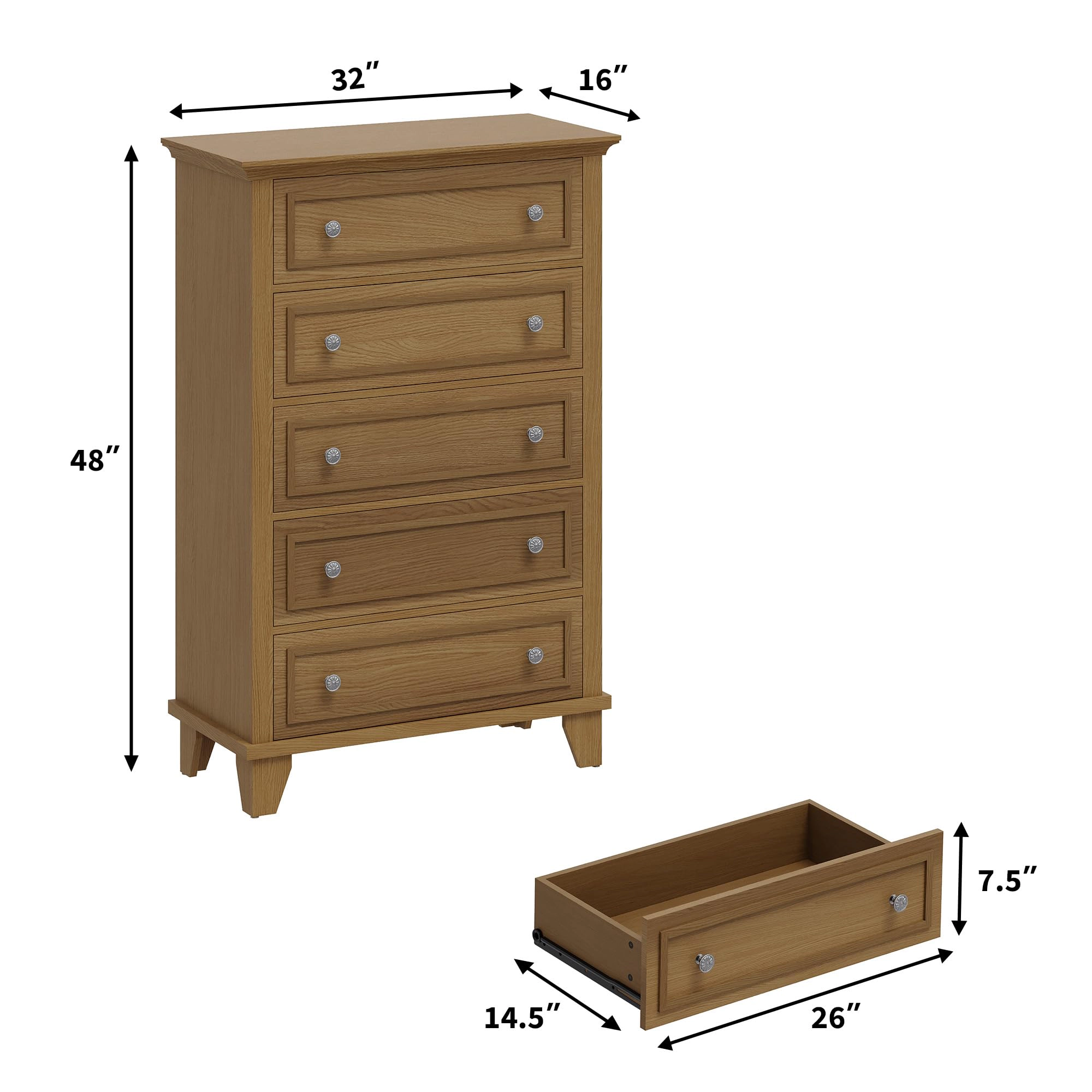5 Drawer Modern Wood Dresser with Metal Handles, 48" Tall Storage Chest for Bedroom Entryway Hallway