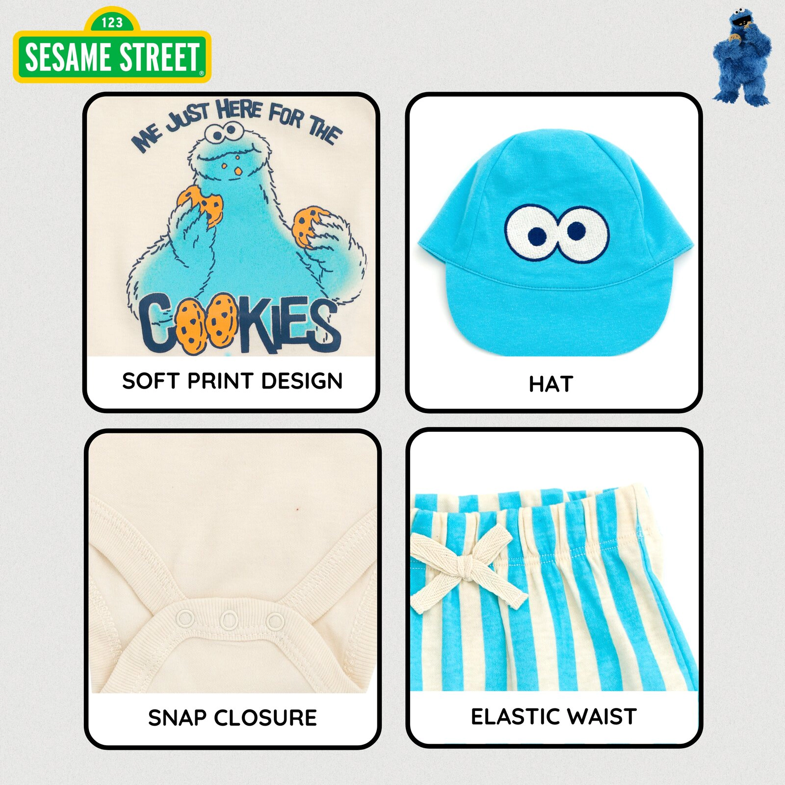 Sesame Street Cookie Monster Baby Short Sleeve Bodysuit and Bottoms Set with Hat