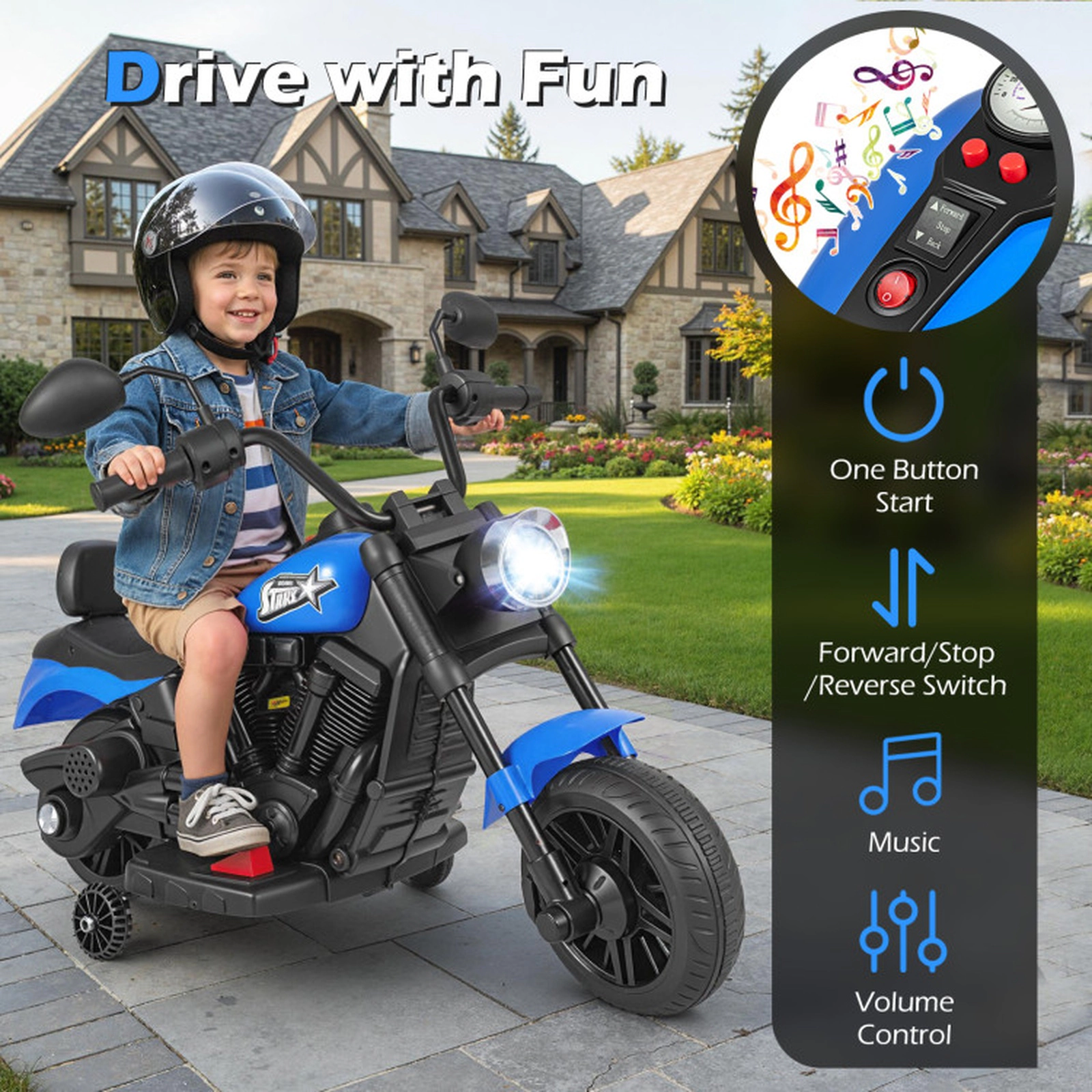 SUGIFT 6V Kids Motorcycle Ride-On with Headlight, Music and Training Wheels 66-lb Capacity over 18 Months Navy