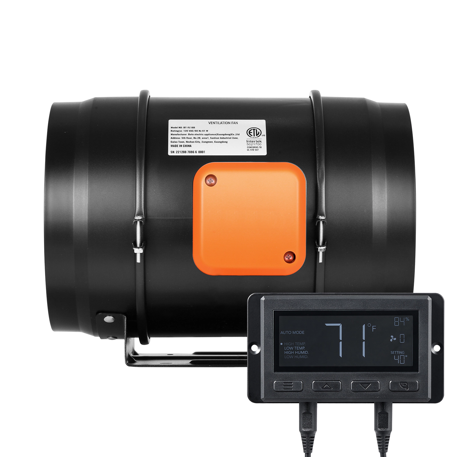 HONGGE Inline Duct Fan Quiet EC-motor Ventilation Exhaust Fan with Temperature Humidity Controller for Cooling Booster
