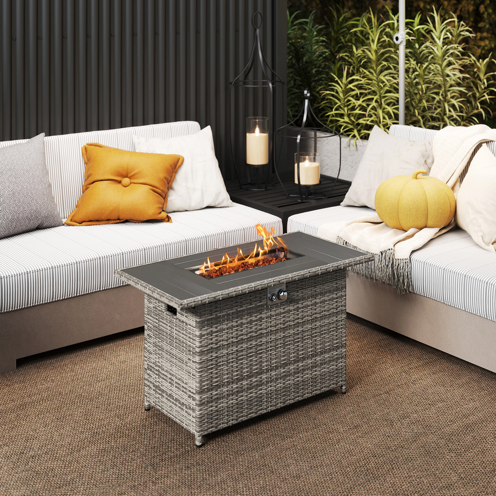 SUGIFT 44.5-In Gray Wicker Propane Fire Pit Table with Coffee Table Lid and Rain Cover