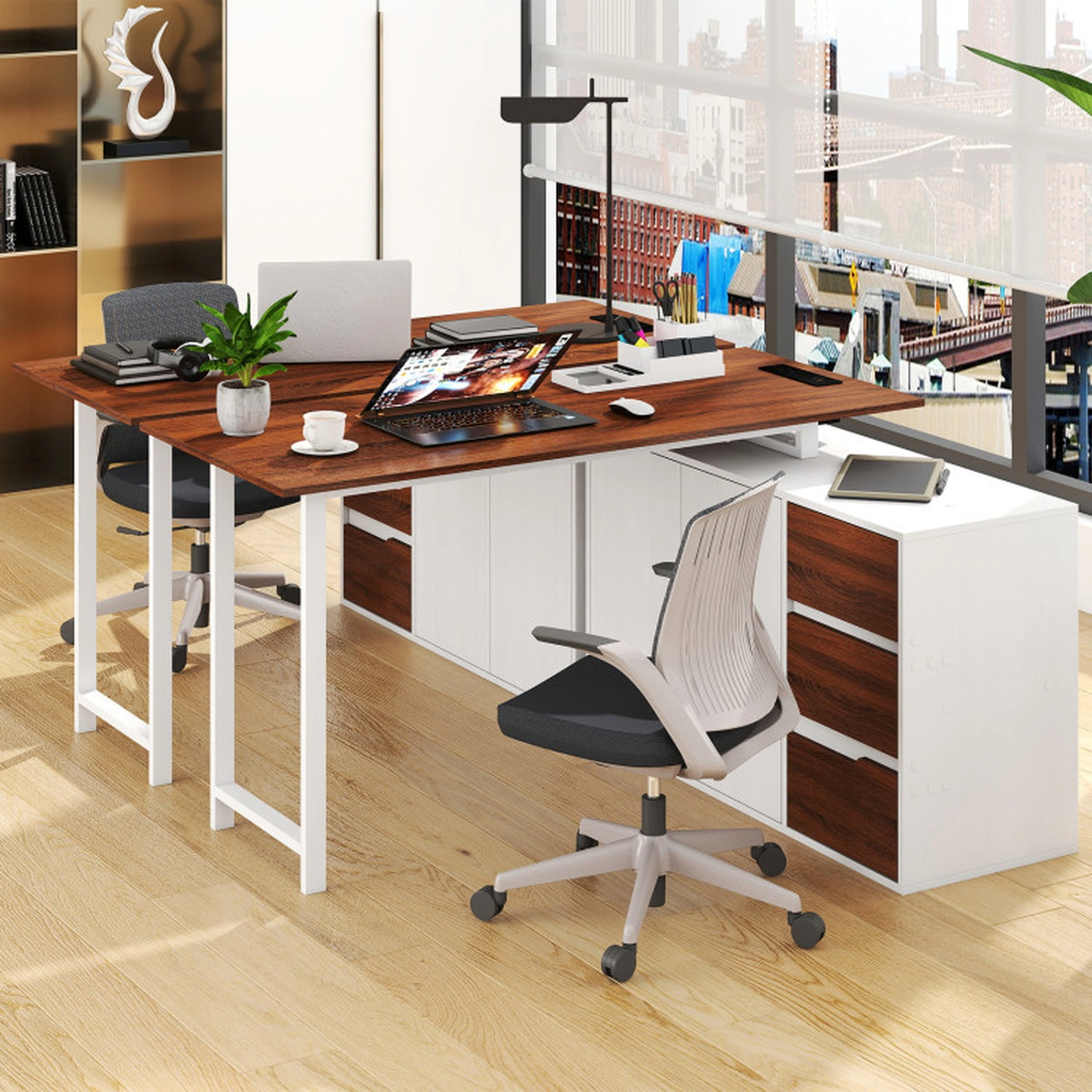 SUGIFT Reversible L-Shaped Computer Desk with File Cabinet and Power Outlet 220-lb Tabletop Capacity Brown & White