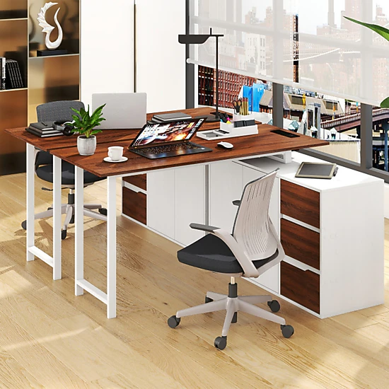 SUGIFT Reversible L-Shaped Computer Desk with File Cabinet and Power Outlet 220-lb Tabletop Capacity Brown & White