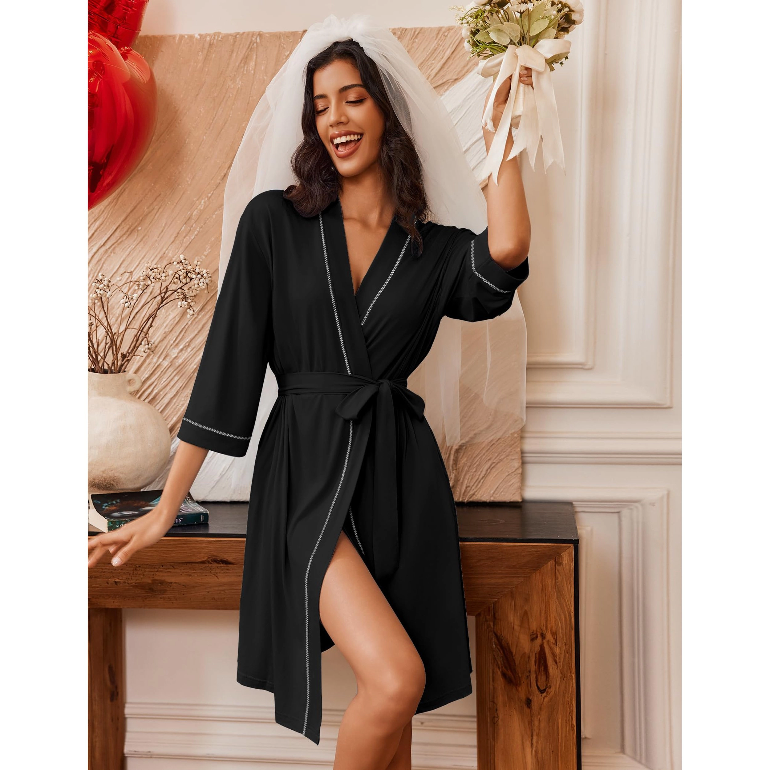 Ekouaer Women Kimono Robe Knee Length Knit Bathrobe Lightweight 3/4 Sleeve Loungewear Soft