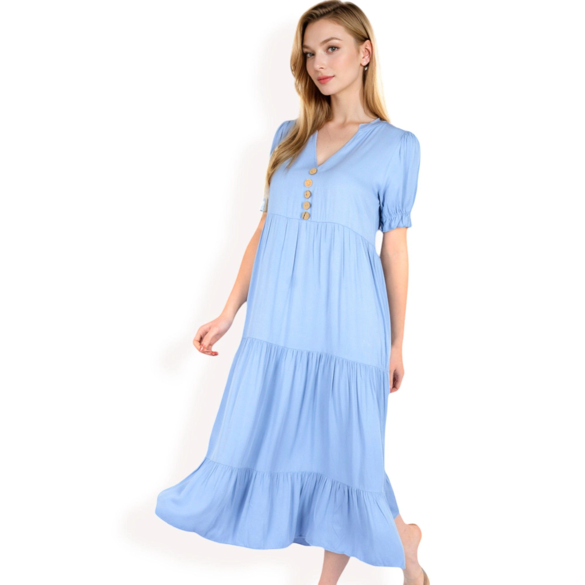 Anna-Kaci Women's Puff Sleeve Tiered Button Front Smocked Cuffs Midi Dress