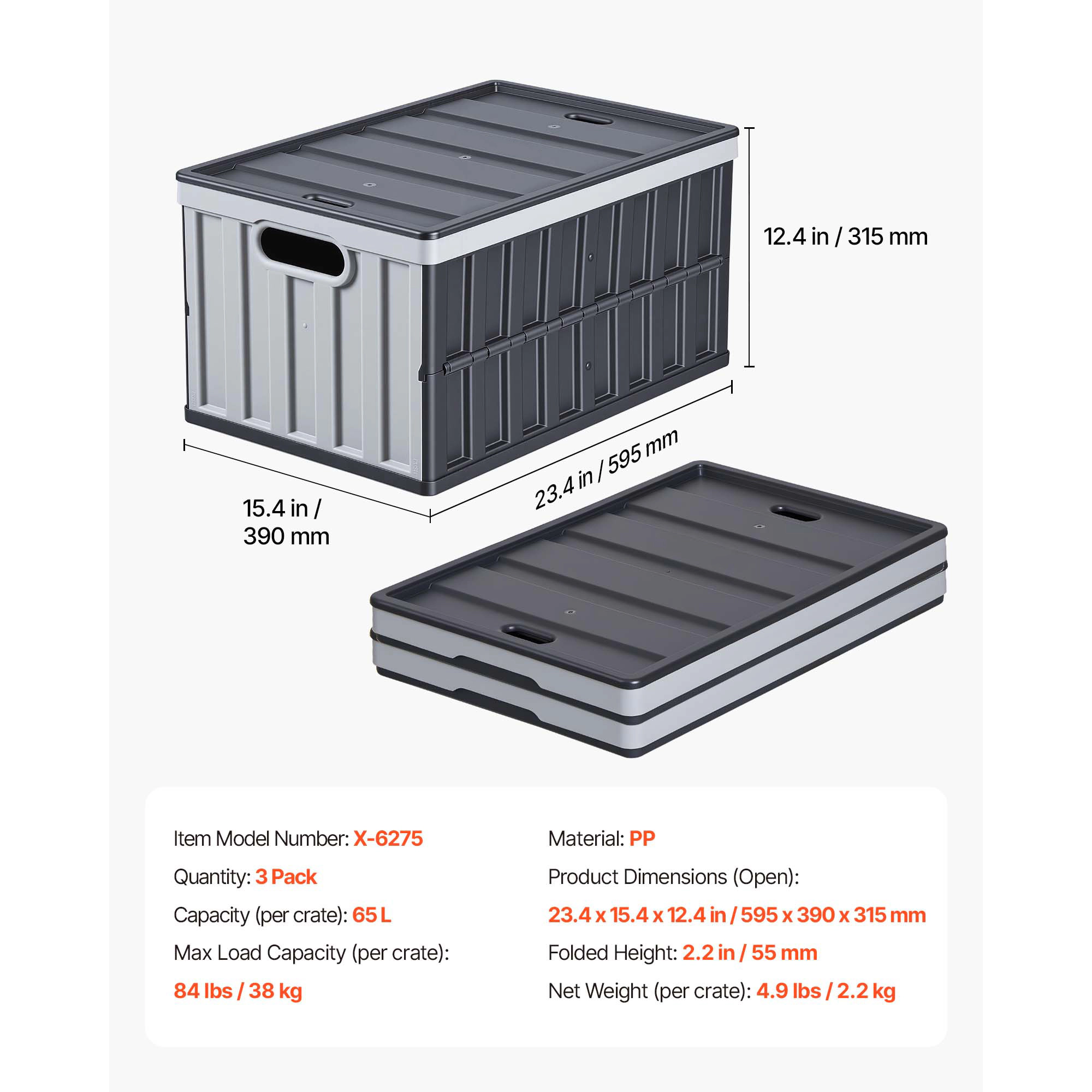 HONGGE Plastic Collapsible Storage Bins with Lids 65L Stackable Folding Storage Crates with Handles Holds 84 lbs Per