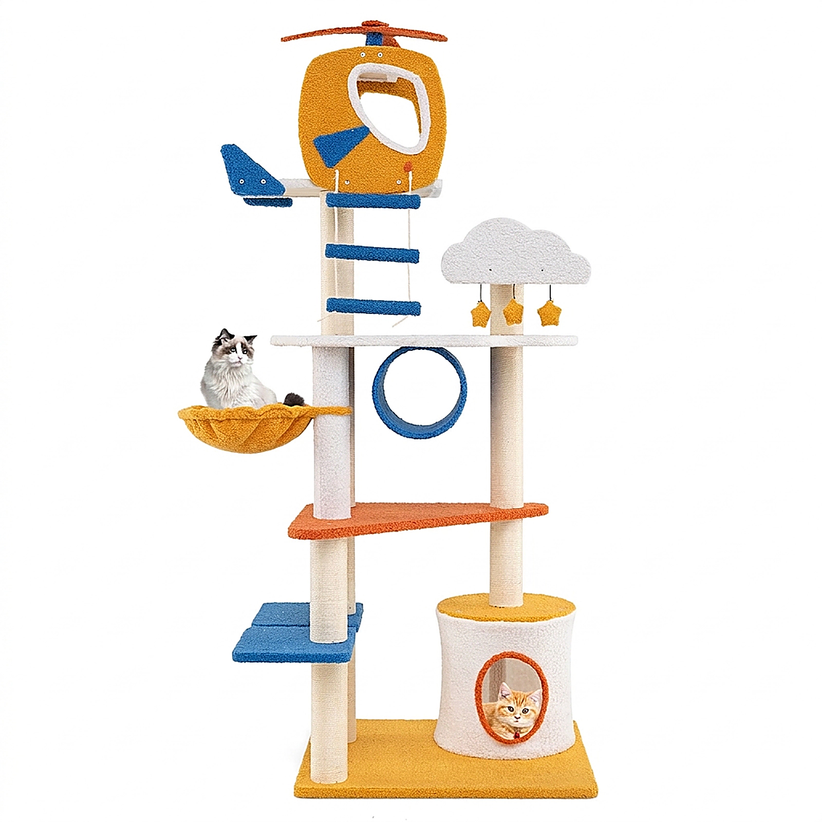 SUGIFT 70-in Tall Aviation-Themed Cat Tree with Helicopter Top Perch, Condo & Platforms 22-lb Capacity Blue White Yellow