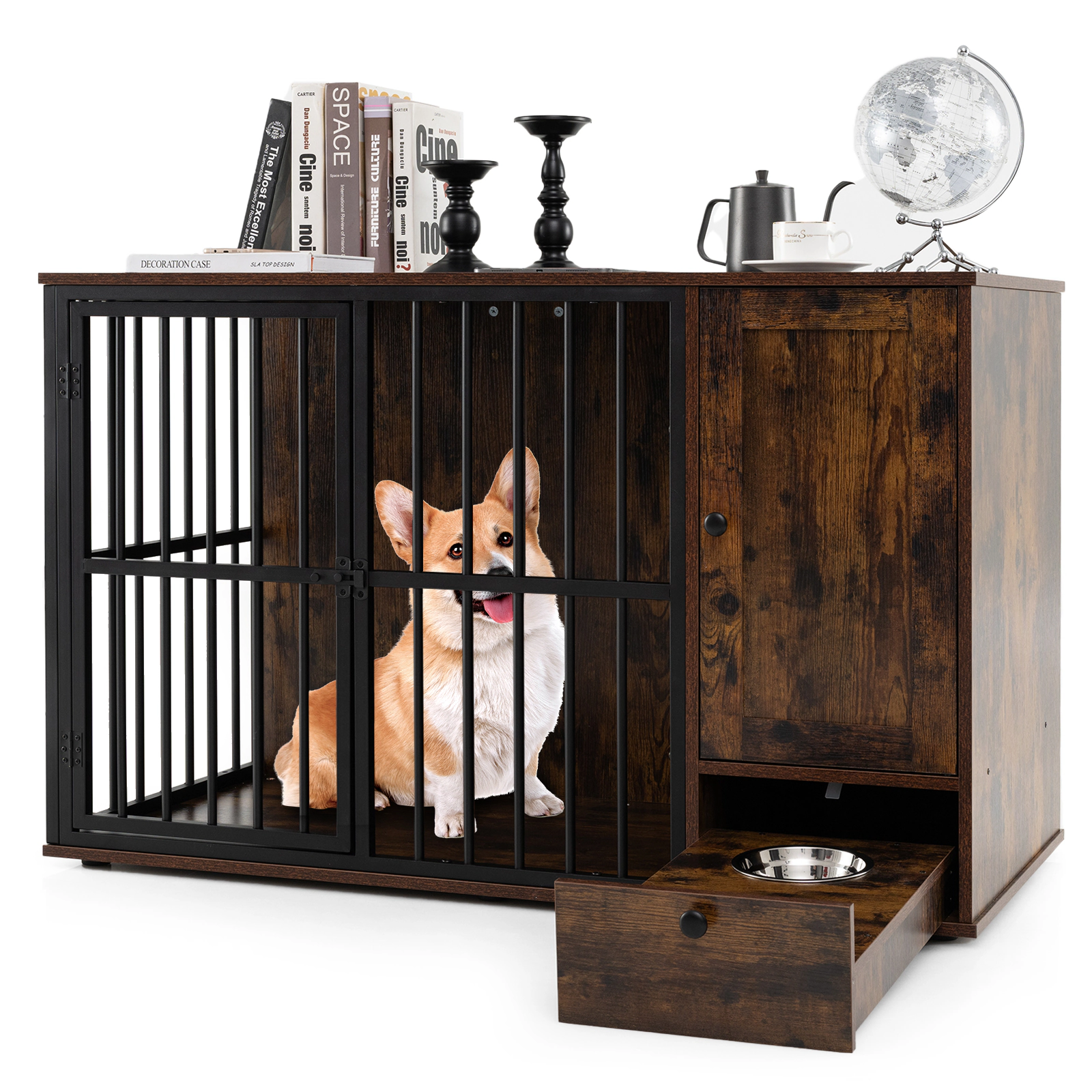 SUGIFT 47.5 in Dog Crate Furniture Rustic Brown with Hidden Pull-out Bowls and Side Cabinet
