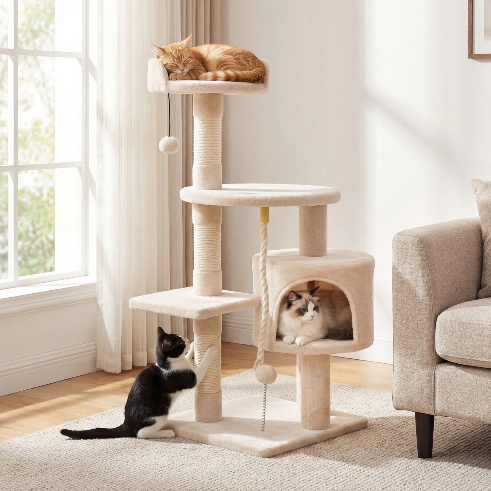 SUGIFT Beige 36 in Kitten Tower with 11.5 in Condo Raised Edge Perch and 3 Posts