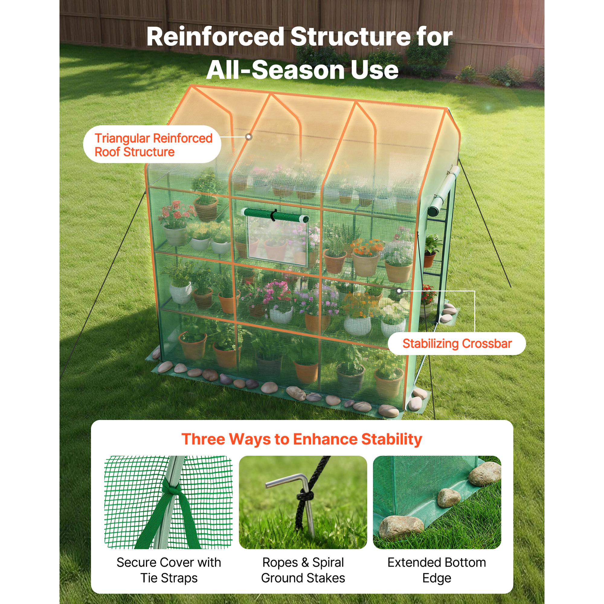 HONGGE Walk-in Green House Greenhouse with Shelves High Strength PE Cover with Zipper Door and Steel Frame Assembly in