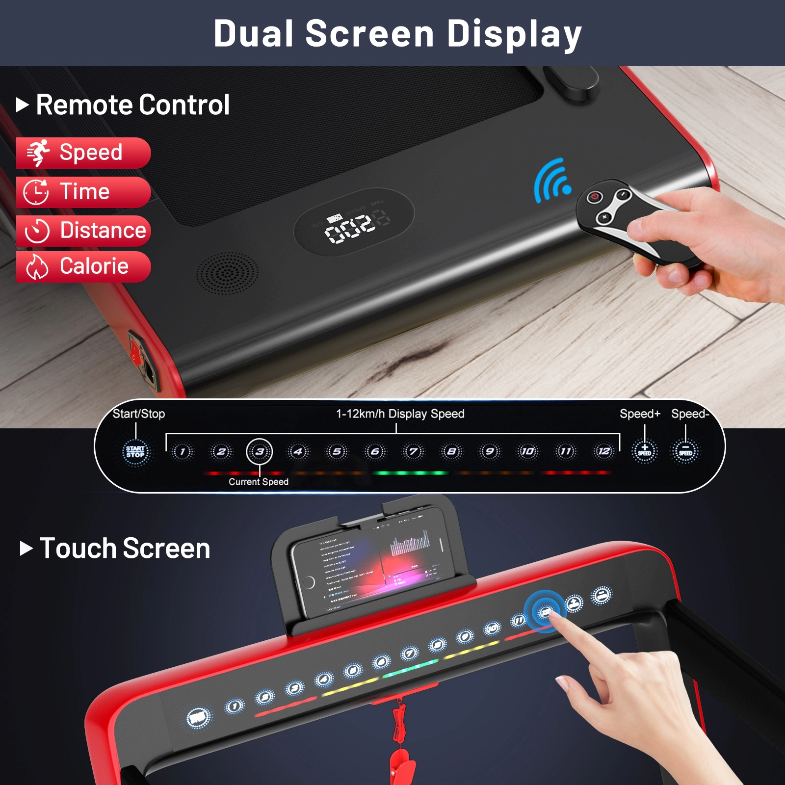 SUGIFT Red 2-in-1 Folding Treadmill with Dual Display and Bluetooth Speaker 49-in W 27-in D 265-lb User Capacity