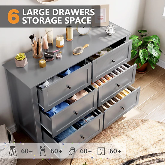 BebreezChic 6-Drawer MDF Double Dresser for Bedroom,GREY