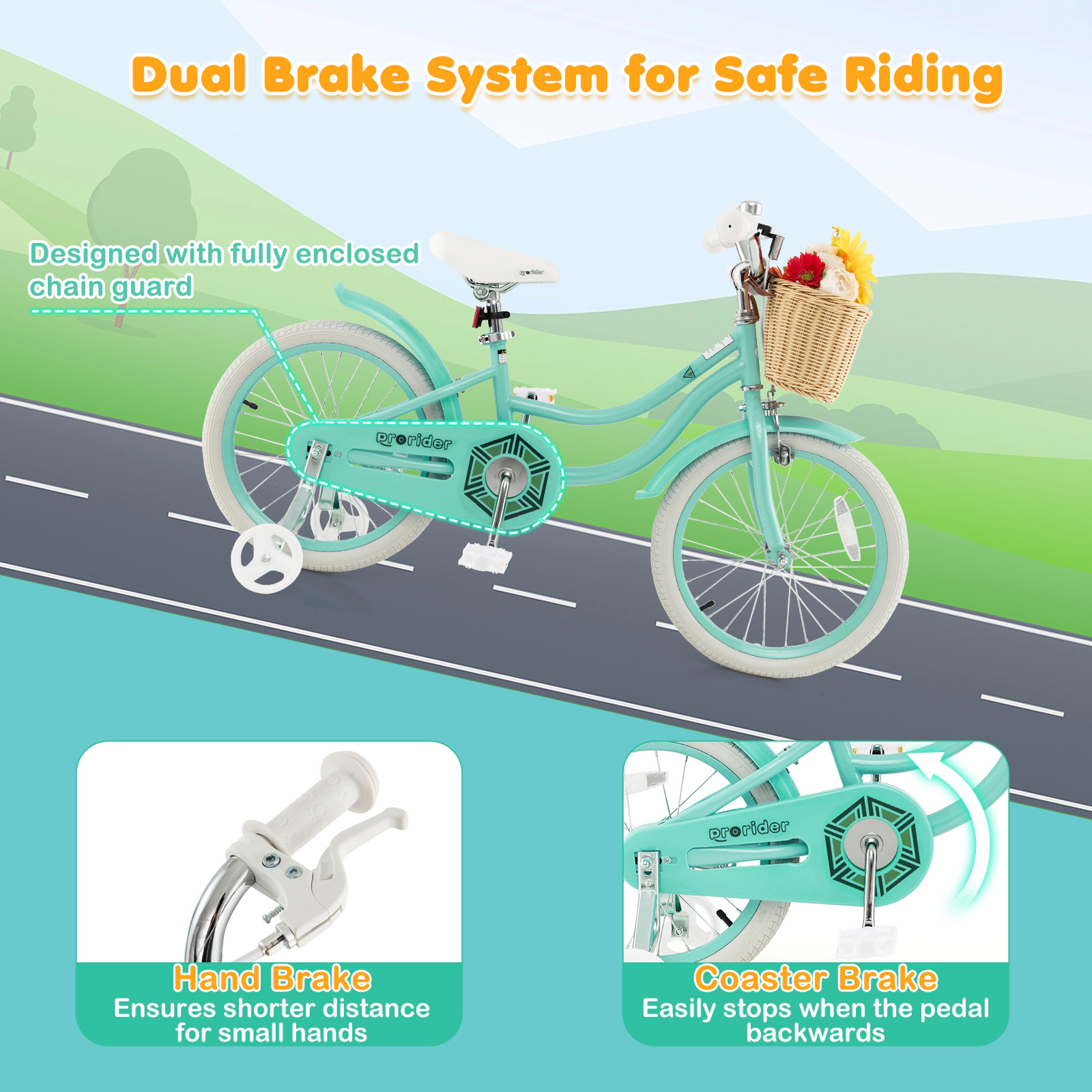 18-in Kids Bike Training Wheels Front Basket Adjustable Saddle Reaching 29-in Multi-Layer Rubber Tires Ages 4-8 Green
