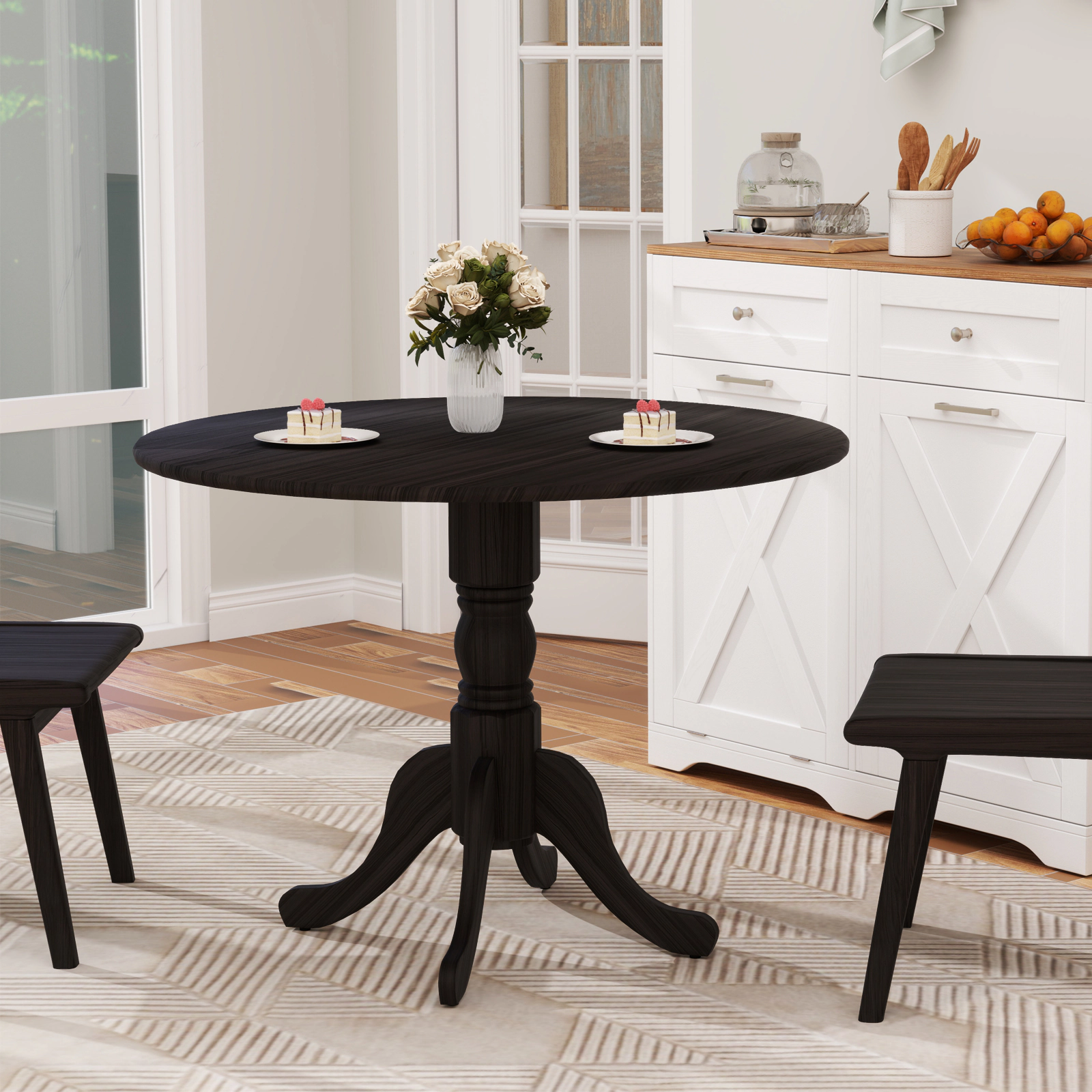 LJG Wooden Dining Table with Round Tabletop and Curved Trestle Legs