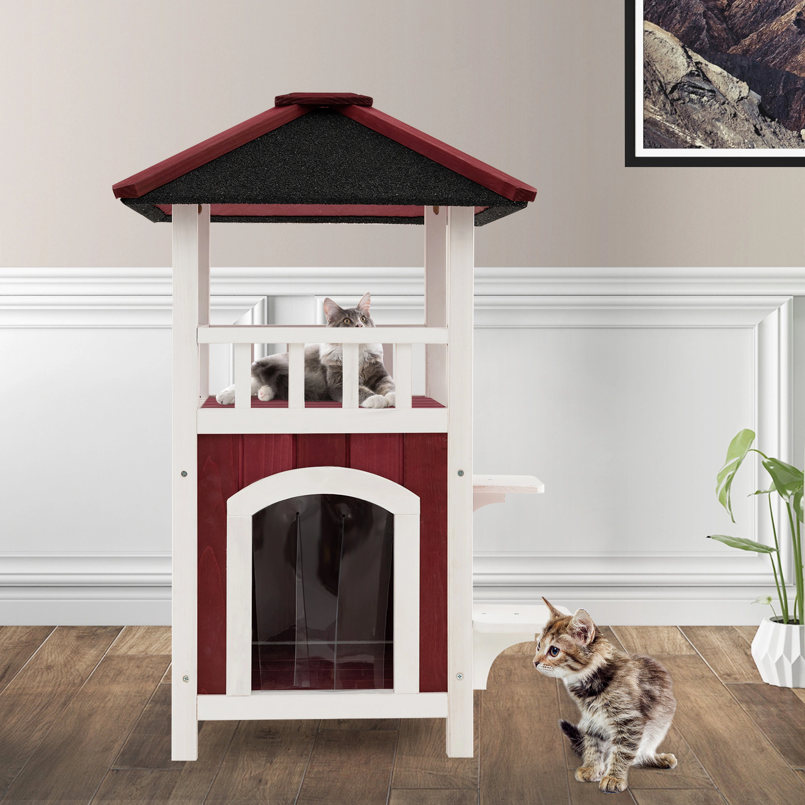SUGIFT 23 x 34-in 33-lb Platform Capacity Red 2-Story Wooden Outdoor Cat House with Asphalt Roof and Balcony