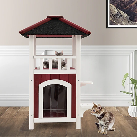 SUGIFT 23 x 34-in 33-lb Platform Capacity Red 2-Story Wooden Outdoor Cat House with Asphalt Roof and Balcony