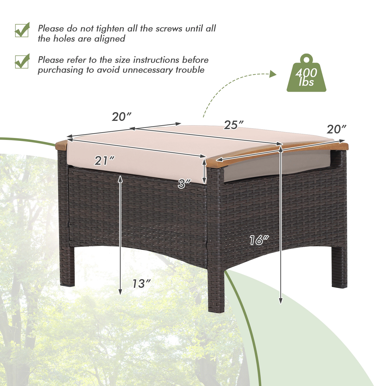 SUGIFT Set of 2 Brown Wicker Patio Ottomans with Acacia Handles and Washable Cushions