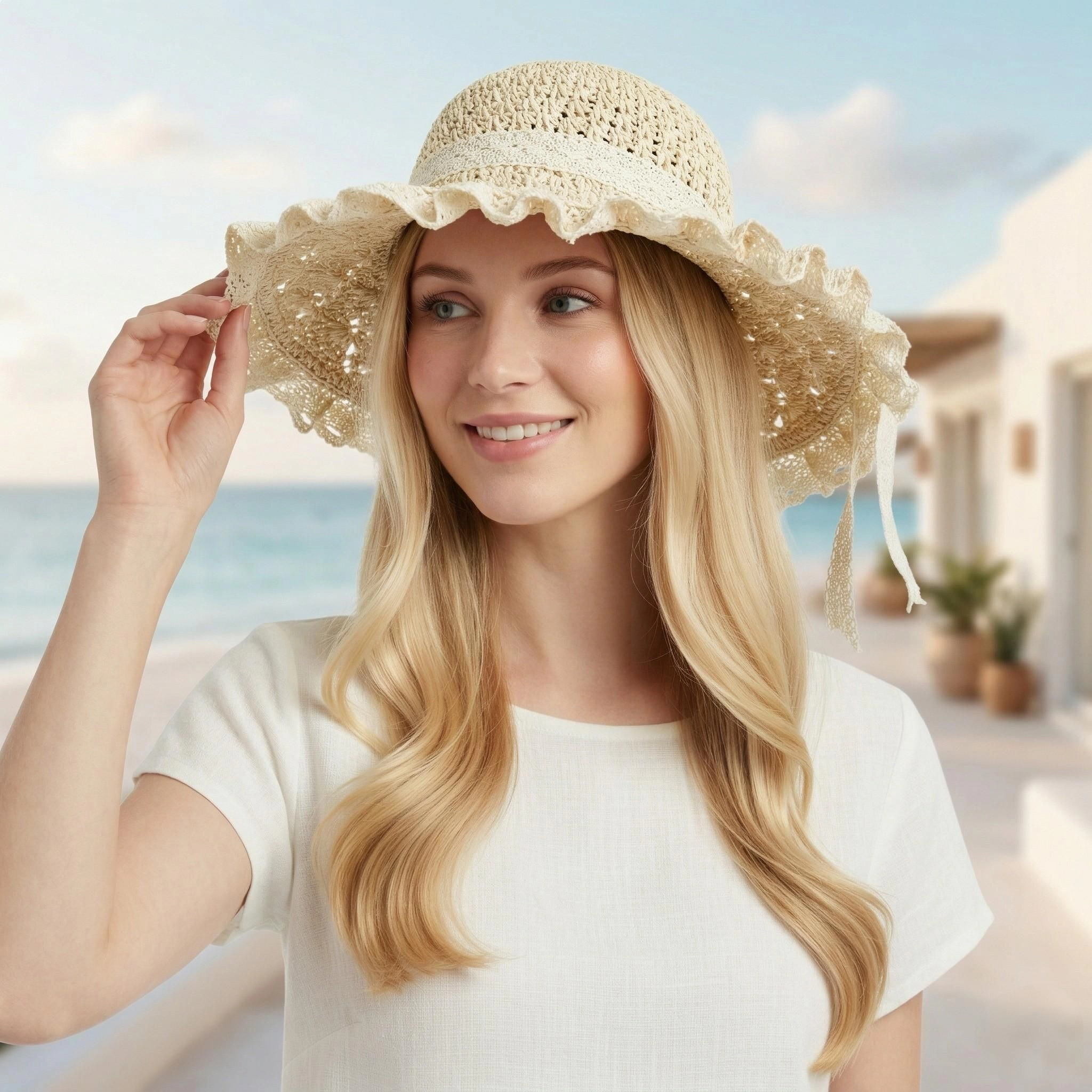 Anna-Kaci Womens Wide Brim Straw Sun Hat Lace Trim Breathable Floppy Beach Vacation