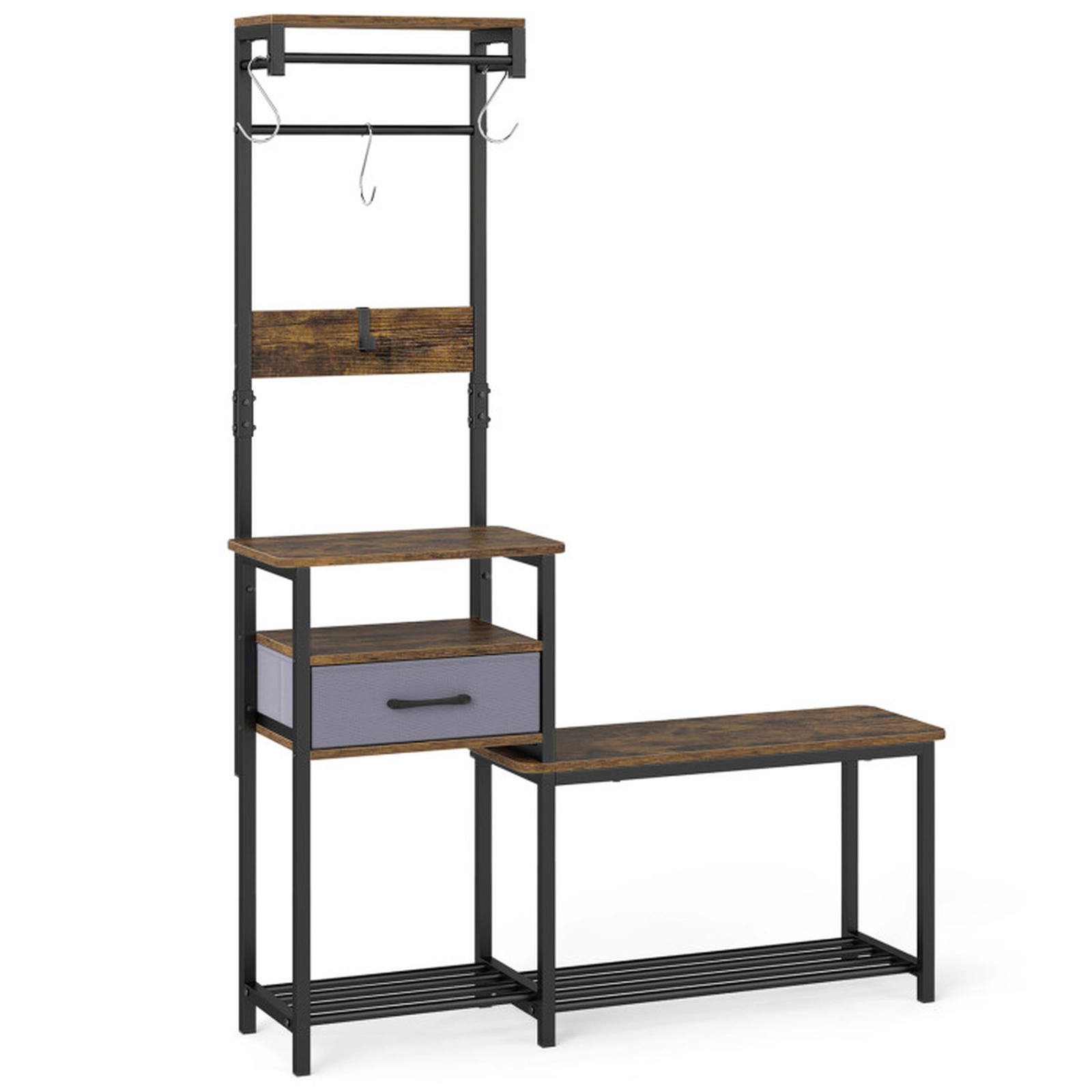 SUGIFT 7-in-1 Hall Tree with Shoe Bench Hooks and Removable Drawer 100-lb Seat Capacity Rustic Brown + Black
