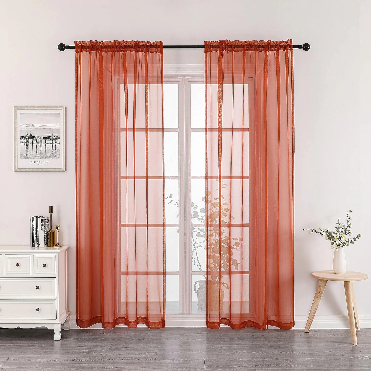 Kate Aurora 2 Piece Halloween Spooky Harvest Themed Pumpkin Spice Colored Rod Pocket Sheer Voile Window Curtain Panels