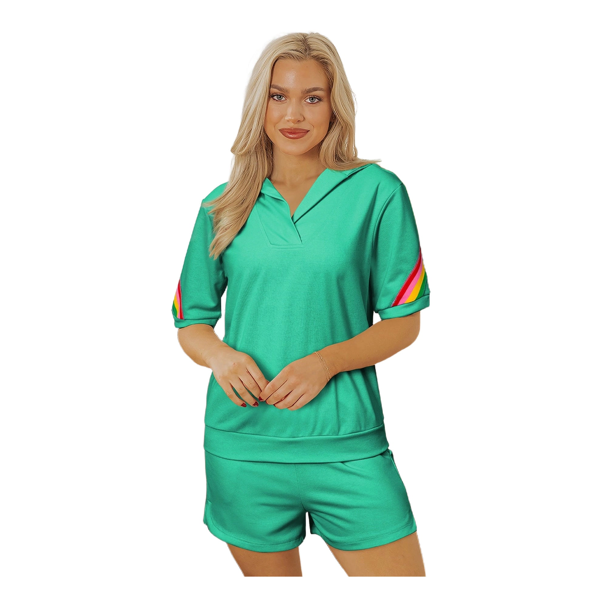 Sol Living Womens Colorblock Collared Short Sleeve Top 2 Piece Shorts Set
