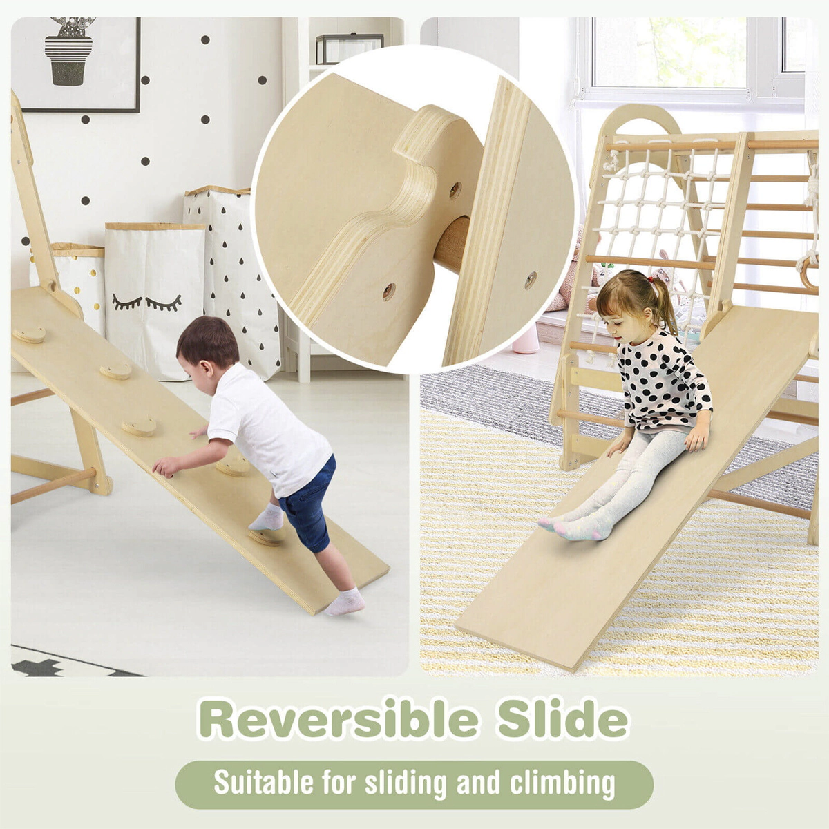 SUGIFT Natural Slide Climbing Net and Monkey Bars 6-in-1 Wooden Kids Jungle Gym Playset