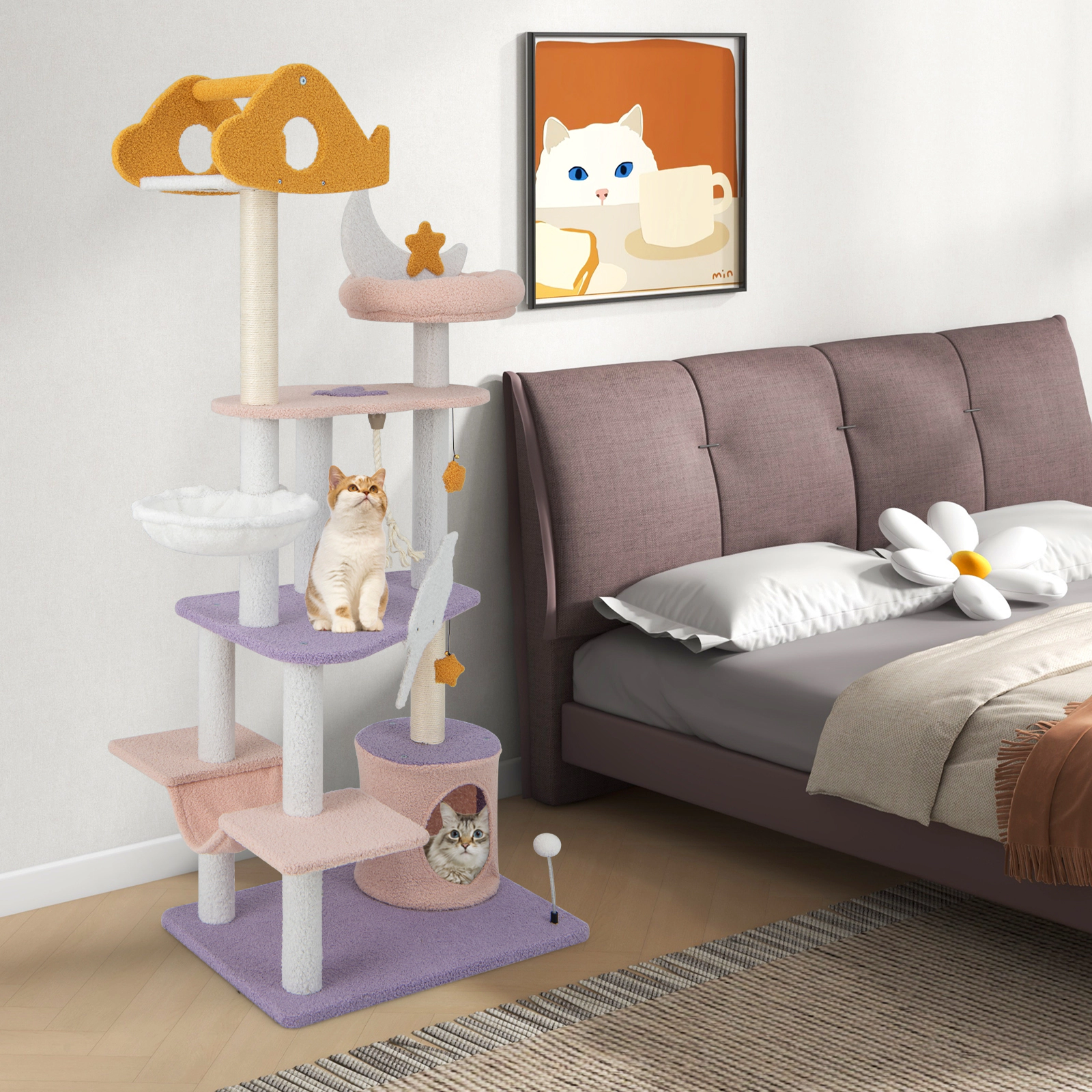 SUGIFT Purple 4-Platform Cat Tree Tower with Hammock and Scratching Posts 27-in W 19-in D 66-in H 33-lb Per Perch