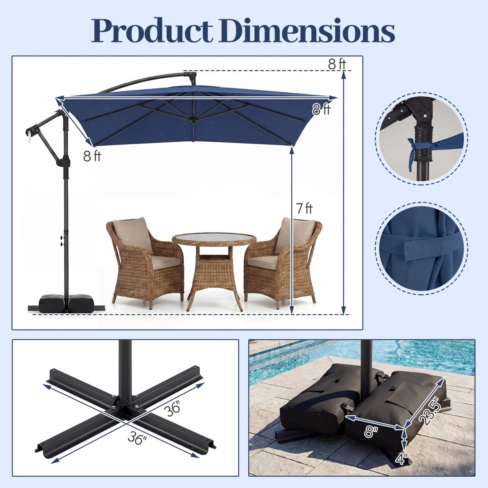 SUGIFT 8 x 8-ft Square Offset Cantilever Patio Umbrella 360° Rotation Double-Tier Polyester Canopy 116-lb Base Capacity