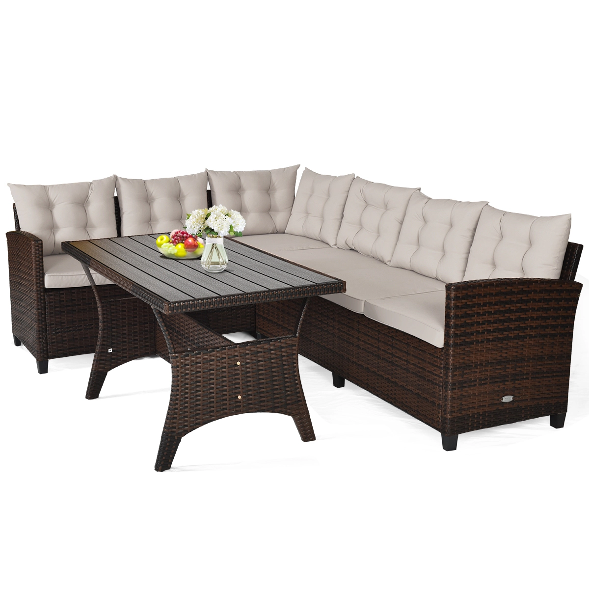 LJG 3 Pieces Hand-Woven Rattan Outdoor Sofa Set with Dining Table