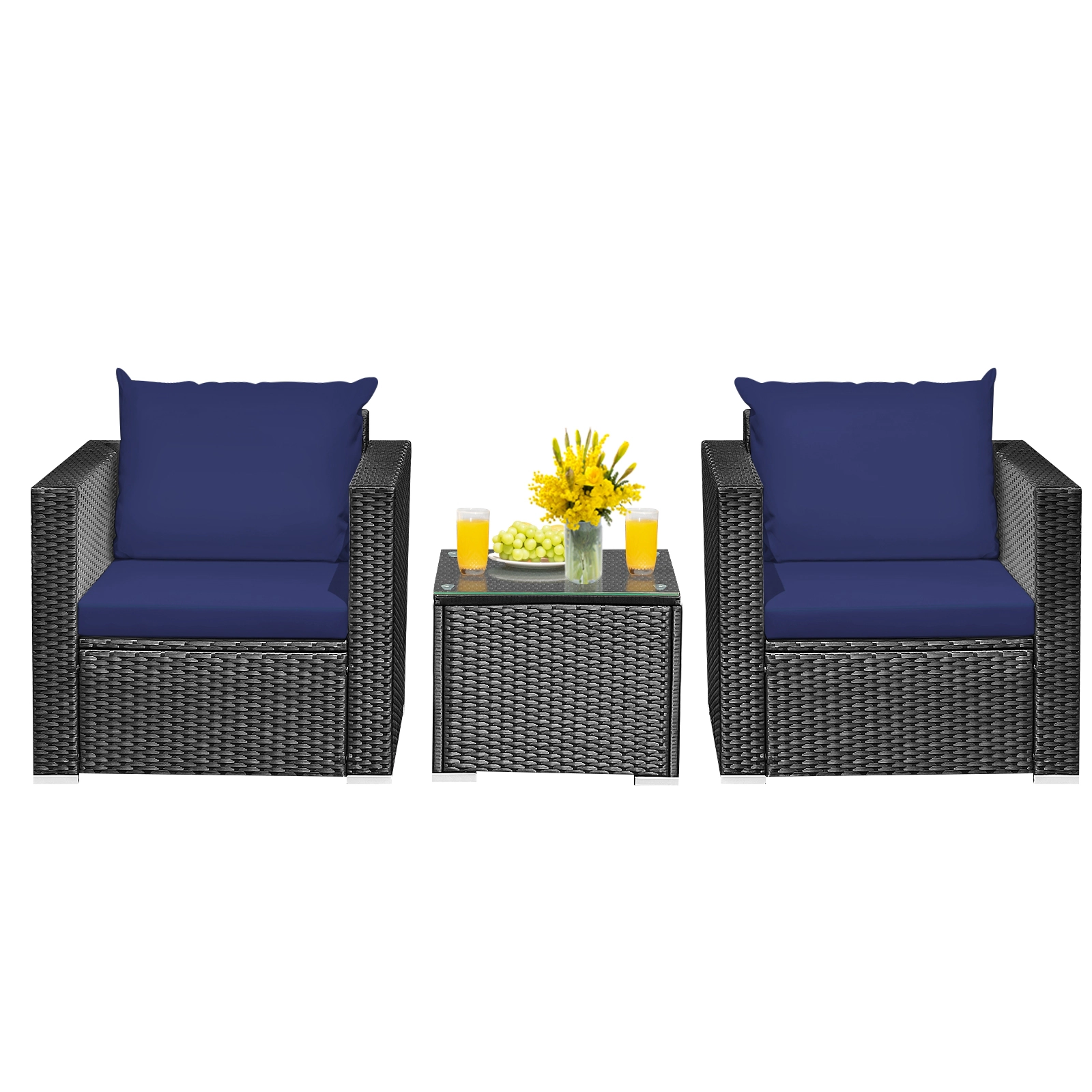 SUGIFT Steel Frame Patio Wicker Conversation Set with Cushions 400-lb Sofa Capacity Navy Black Rattan