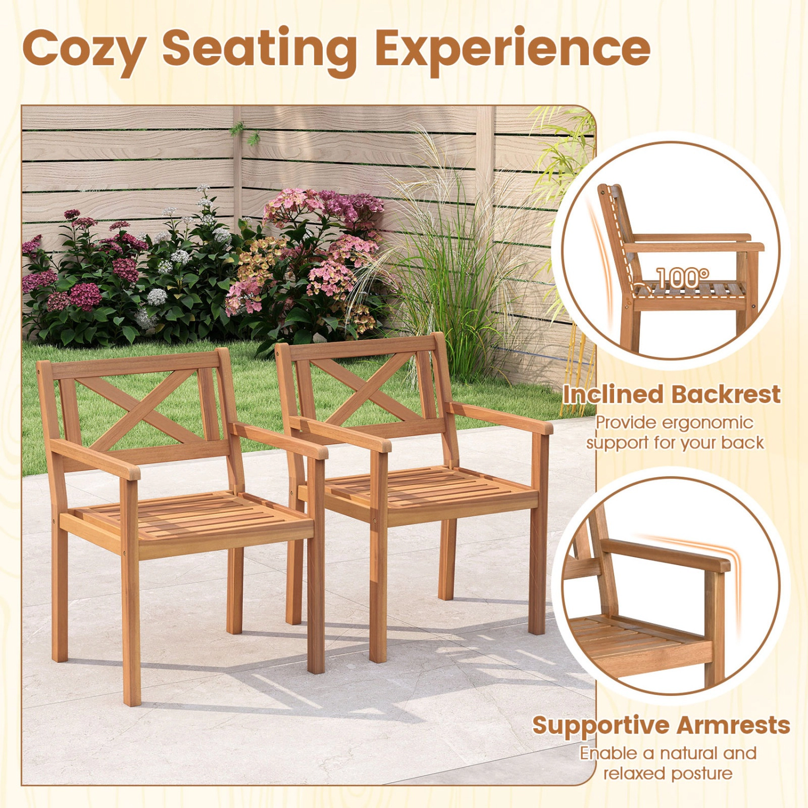 SUGIFT Acacia Wood Patio Dining Armchairs 400-lb Capacity Set of 2 Teak Finish 22-in Frame 20 x 18 in Ventilated Seat