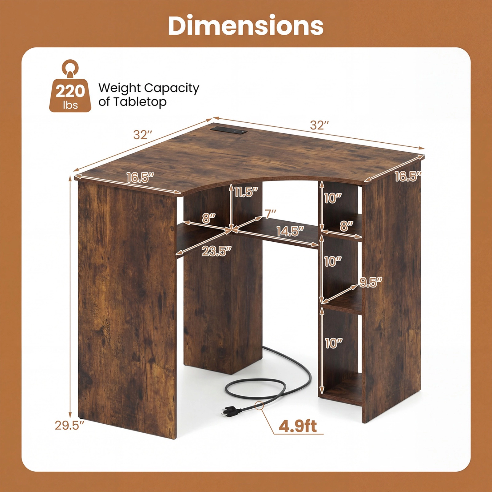 SUGIFT 90° Corner Triangle Computer Desk with Adjustable Shelf & Arc-Shaped Profile 100-lb Desktop Capacity Rustic Brown