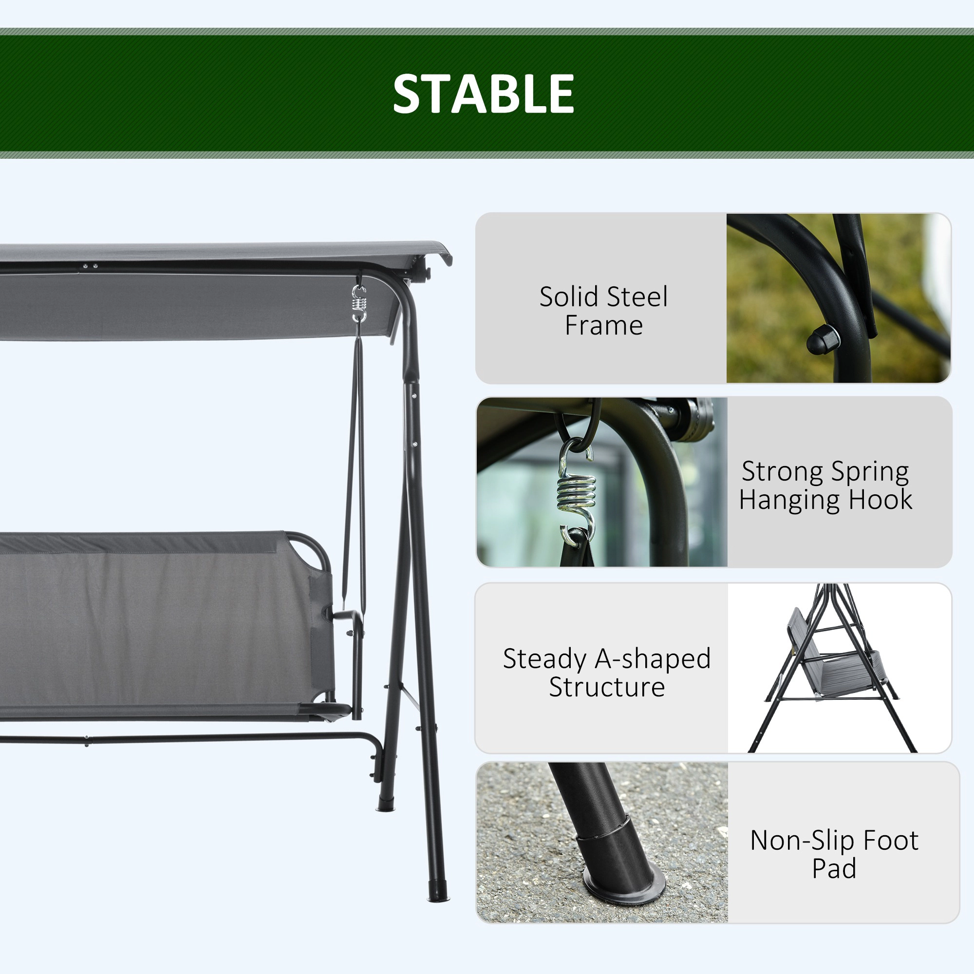 HONGGE 3-Person Porch Swing with A-Frame Stand, Adjustable Tilt Canopy, Powder-Coated Steel, 440 lb Capacity, Gray