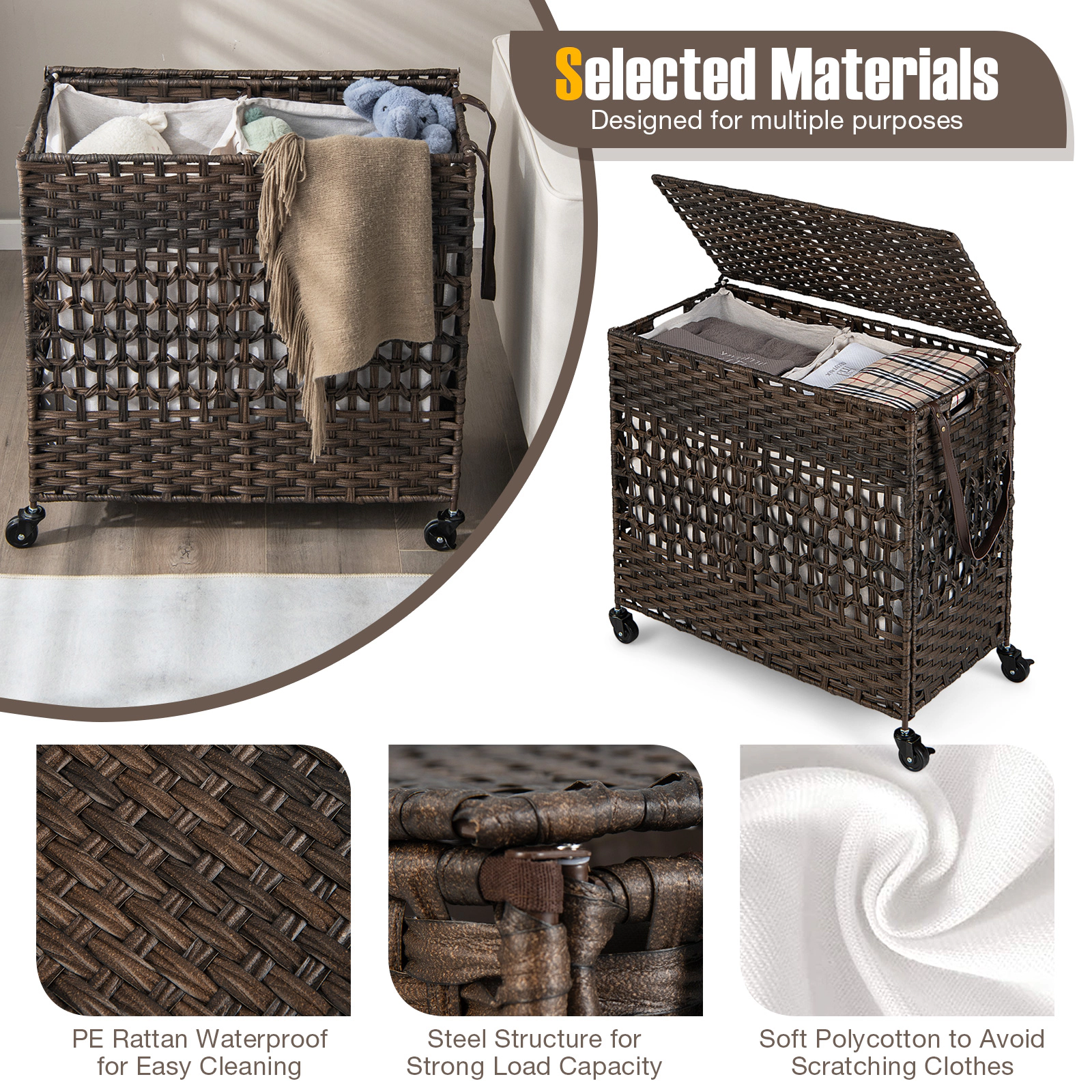 SUGIFT 110L 2-Section Laundry Hamper 2 Removable Washable Liner Bags 66-lb Capacity 25.5-in Tall Brown/Black/Natural