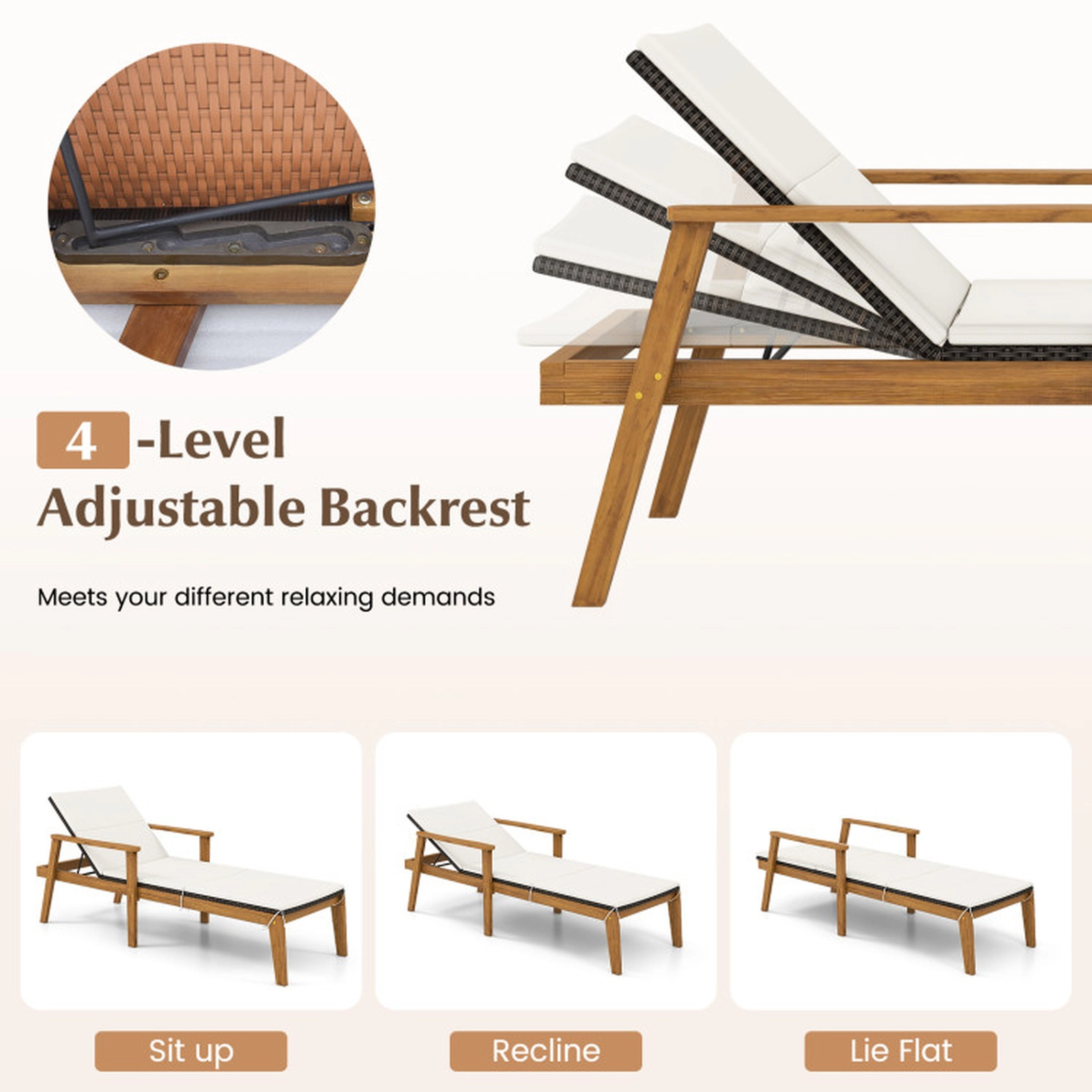 SUGIFT 4-Position Rattan Outdoor Chaise Lounge Chair with Armrests 800-Lb Capacity 79-in Recliner Off White Mix Brown