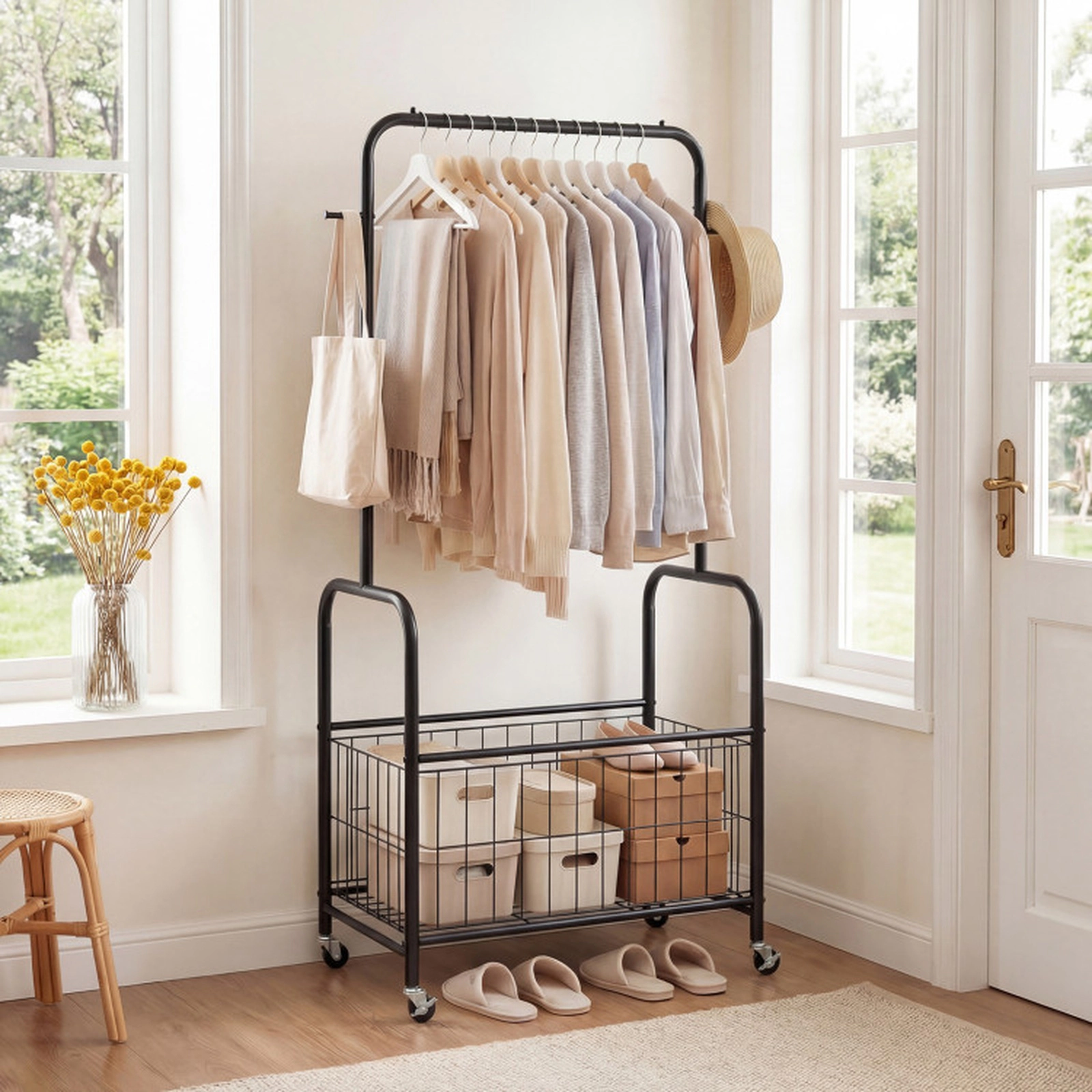 SUGIFT Rolling Metal Clothes Rack with Hanging Rod, Hooks and Storage Basket 110-lb Capacity 35-in Wide Black/White