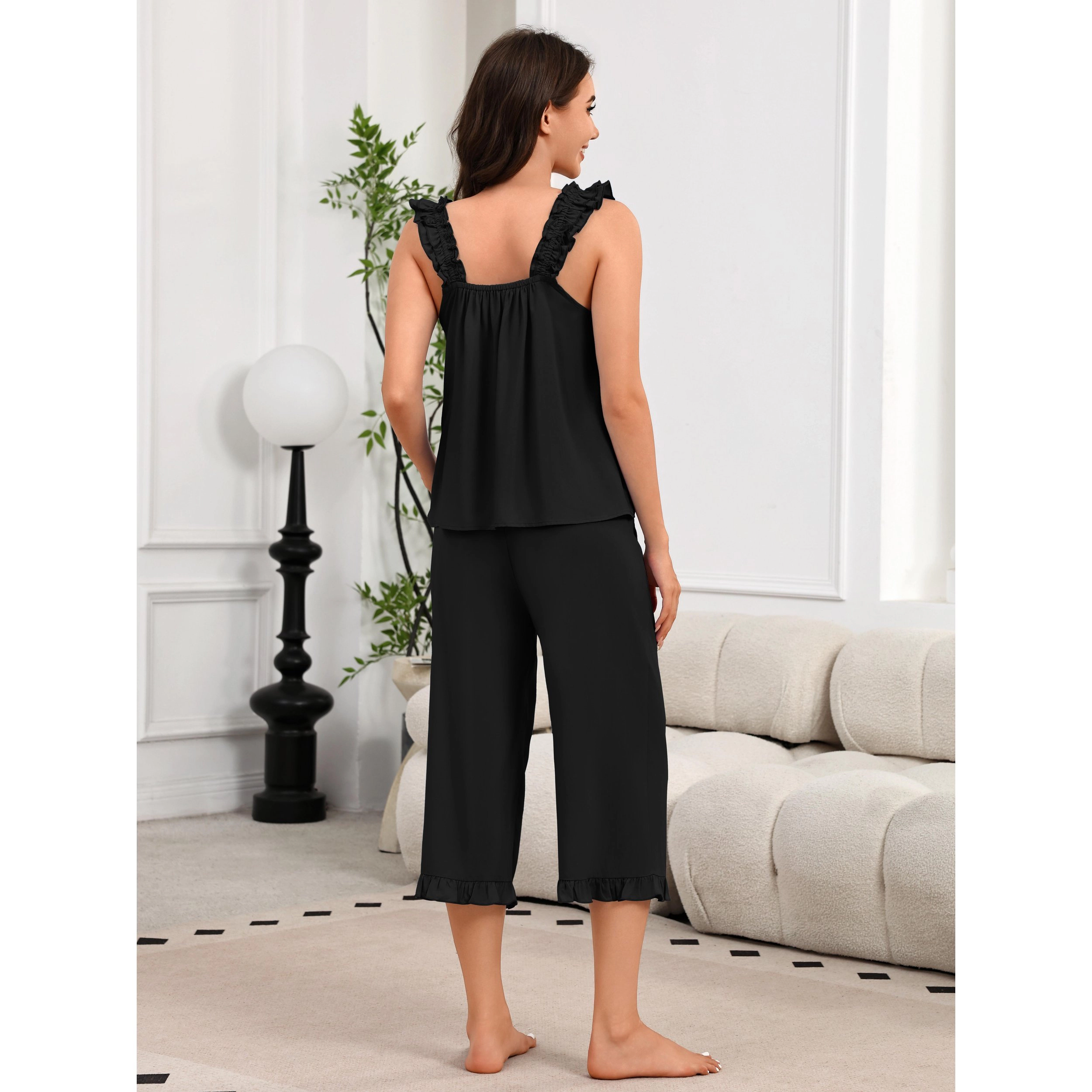 Ekouaer Women's Two Piece Ruffle Sleeveless Top and Capri Pants Pajama Set