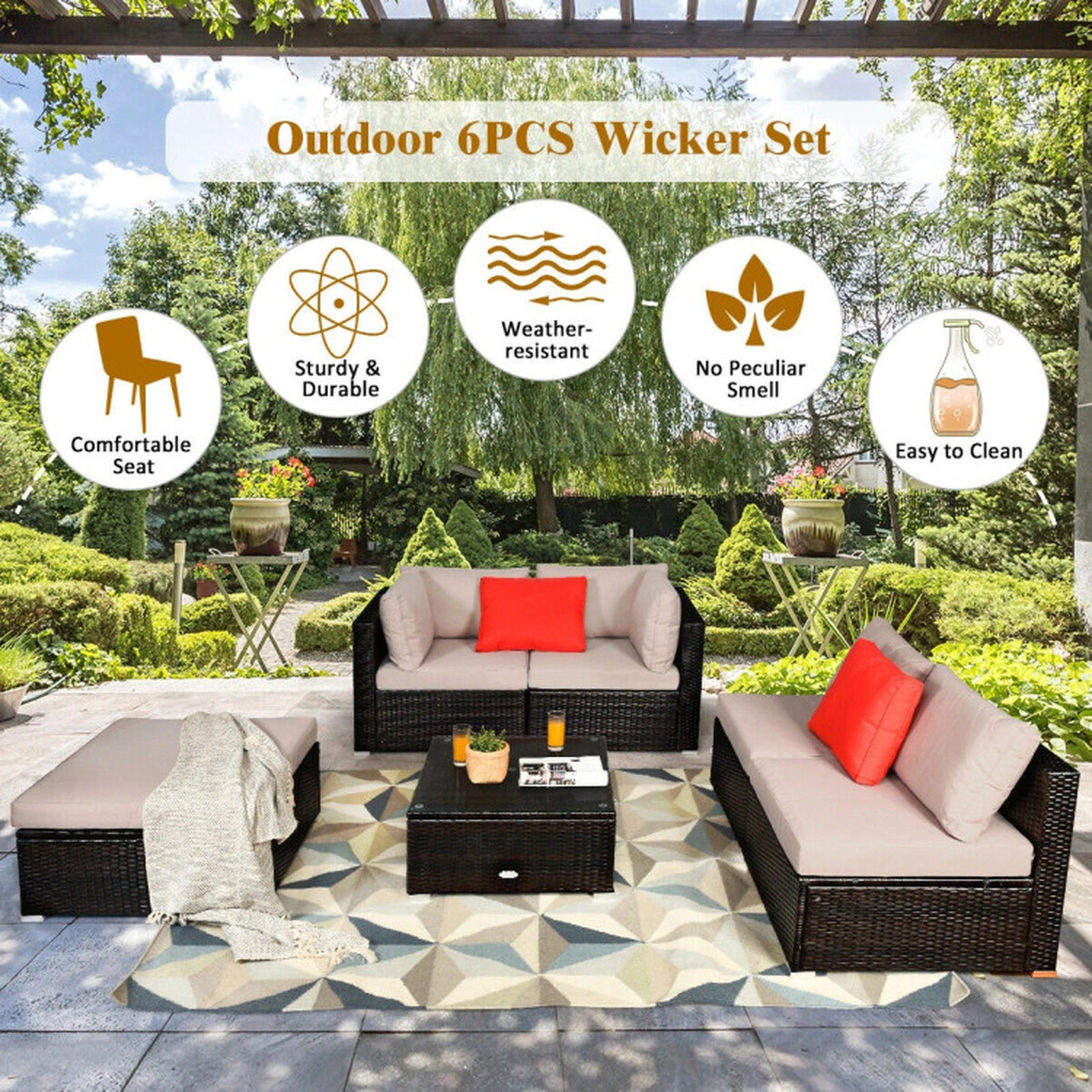 SUGIFT 6-Piece 355-lb Capacity Hand-Woven Rattan Outdoor Patio Sectional Sofa Set with Ottoman and Glass Table