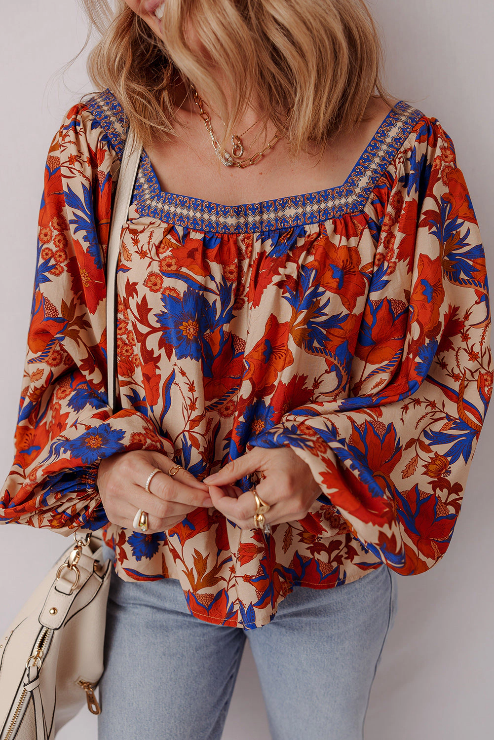 Threaded Pear Women's Adeline Floral Print Square Neck Backless Loose Fit Blouse
