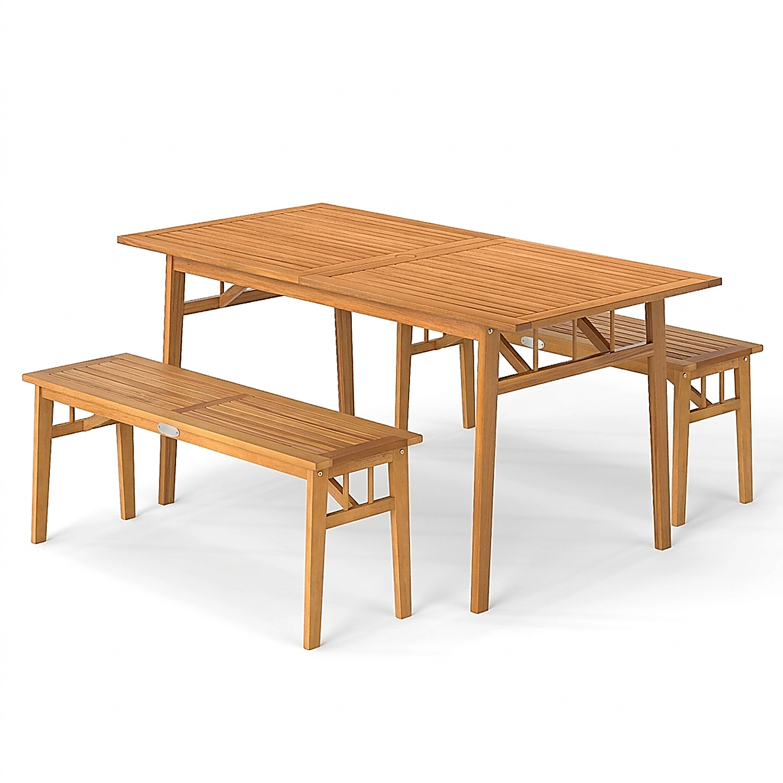 SUGIFT 3 Piece Patio Picnic Set Acacia Wood 63 in Table with 2 Backless Benches